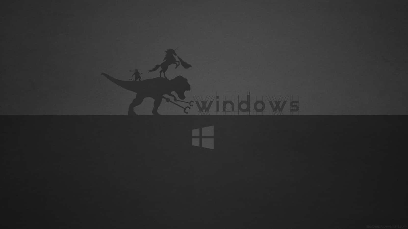 Black Windows 桌布 壁紙 — 剪影恐龍與騎手和小人物在黑暗的地平線上行走，旁邊是windows字樣和標誌。