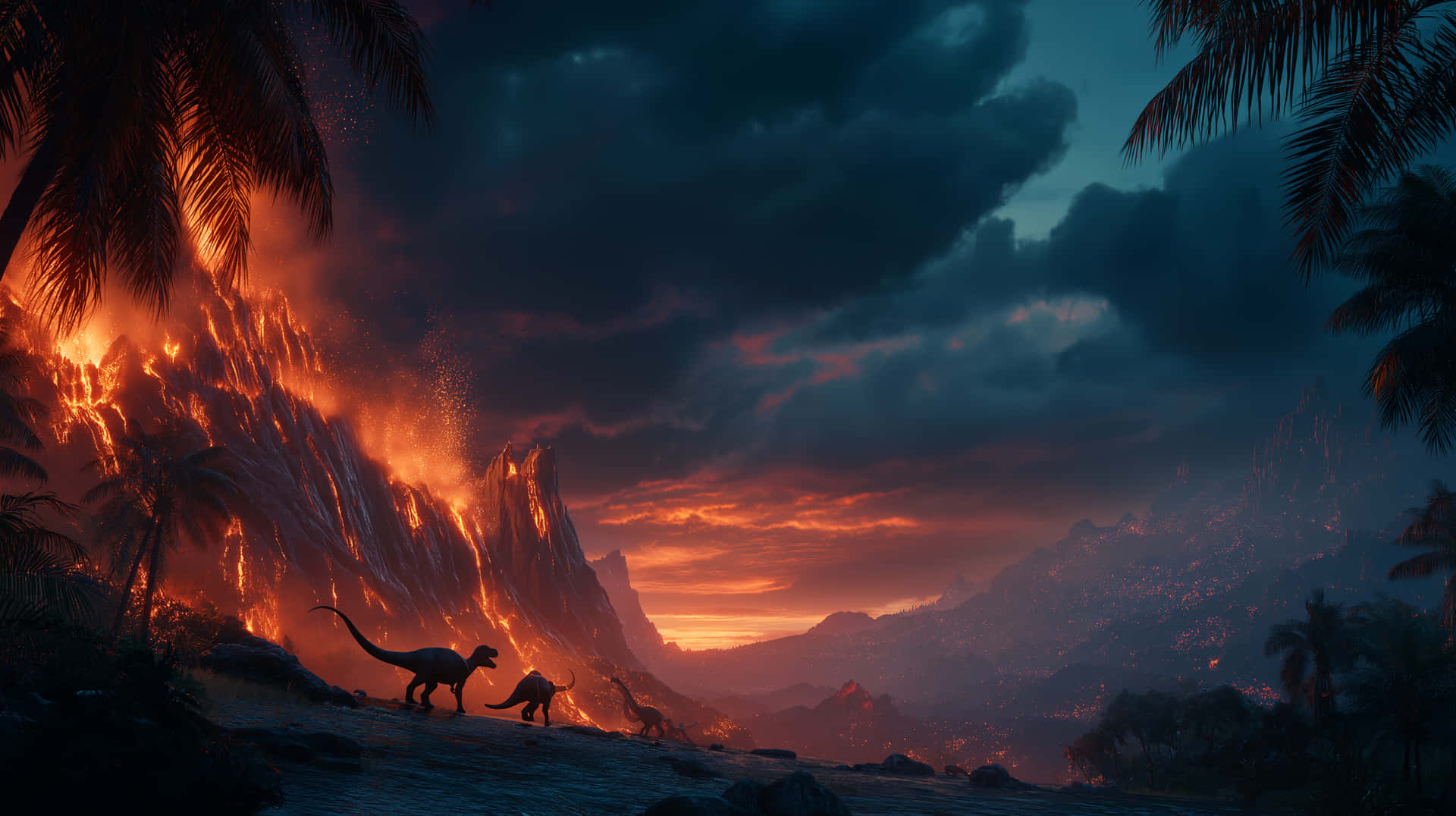 Volcanic Prehistory 壁紙 — 剪影恐龍走過發光的熔岩流，背景是暴風雨黃昏的天空，由棕櫚樹框住。