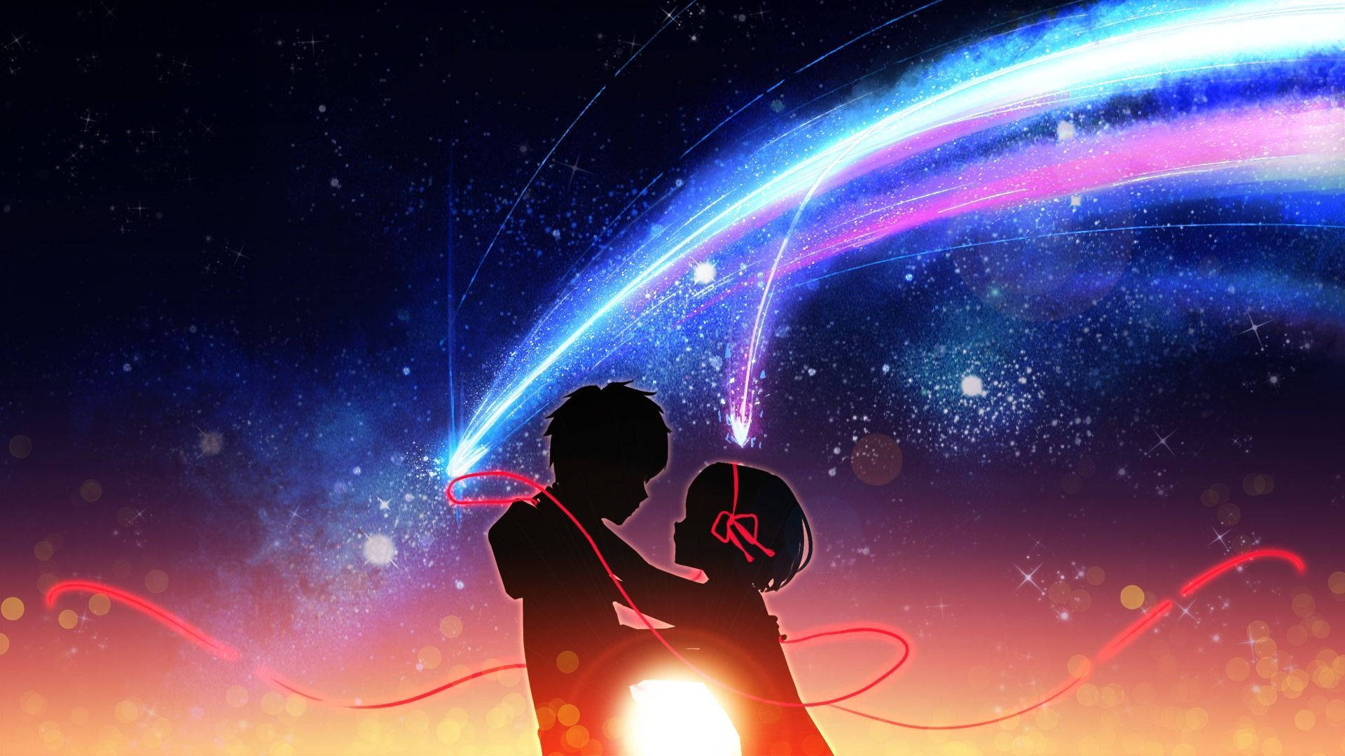 Silhouette 桌布 壁紙 — 剪影情侶在充滿發光藍色和粉紅色能量痕跡及閃爍星星的宇宙天空下擁抱。