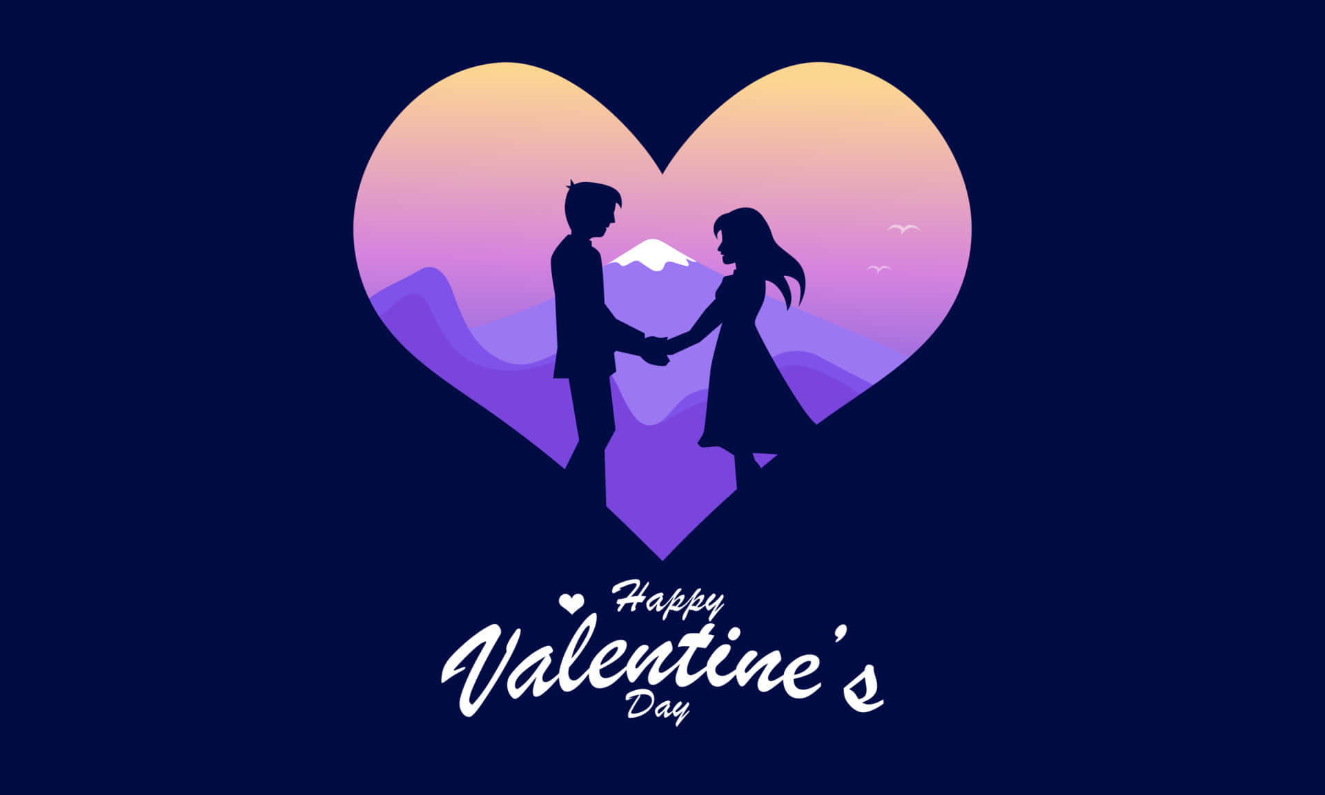Romantic Love 桌布 壁紙 — 剪影情侶在山上心形日落中牽手，並帶有 'Happy Valentine's Day' 文字。