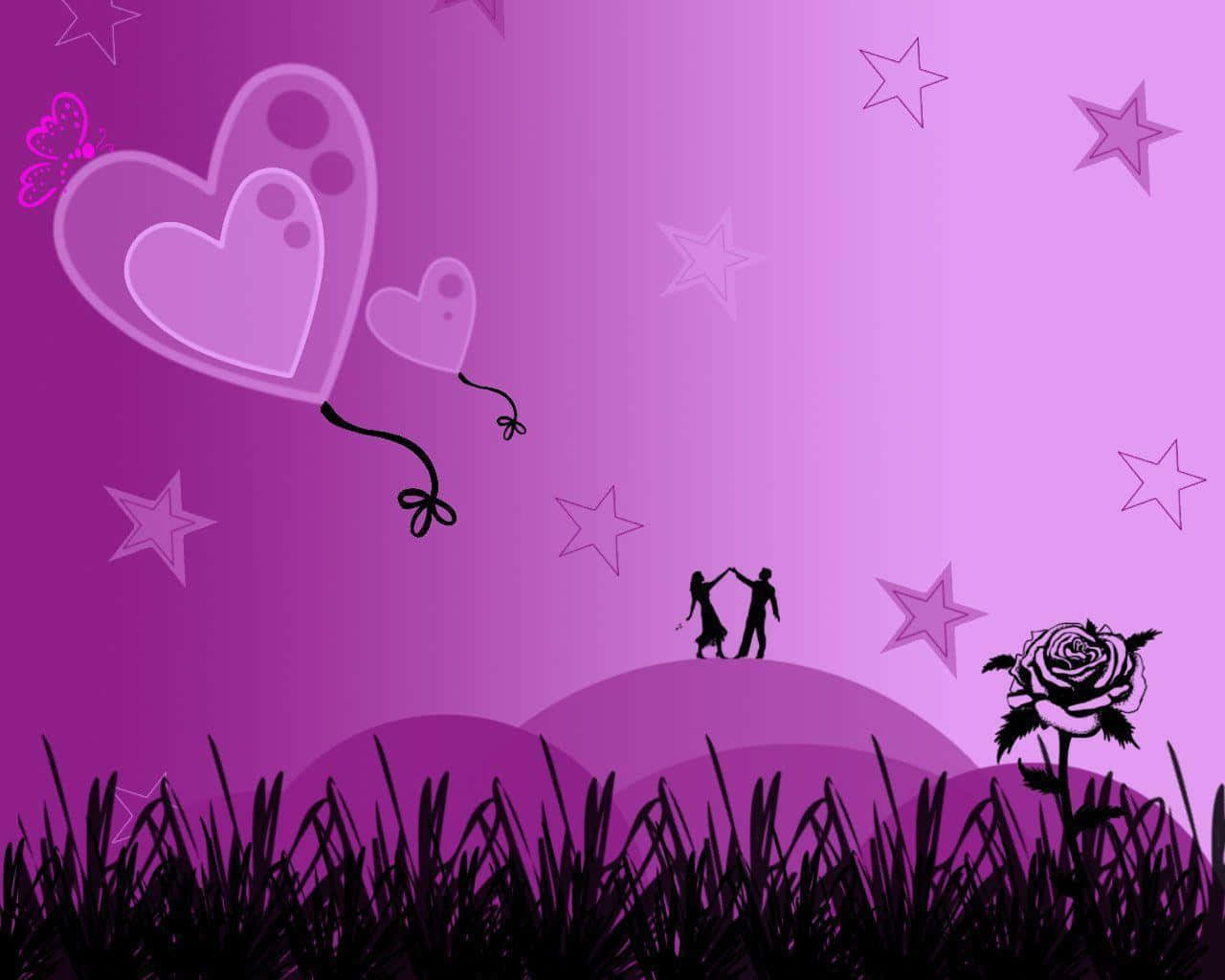 Romantic Love 桌布 壁紙 — 剪影情侶在山丘上跳舞，紫色天空點綴著心形、星星和一朵玫瑰。