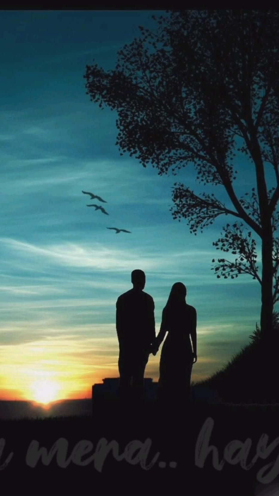 Beautiful Romantic 桌布 壁紙 — 剪影情侶在山頂牽手觀看日落，頭頂有鳥兒飛翔，旁邊有一棵孤樹。