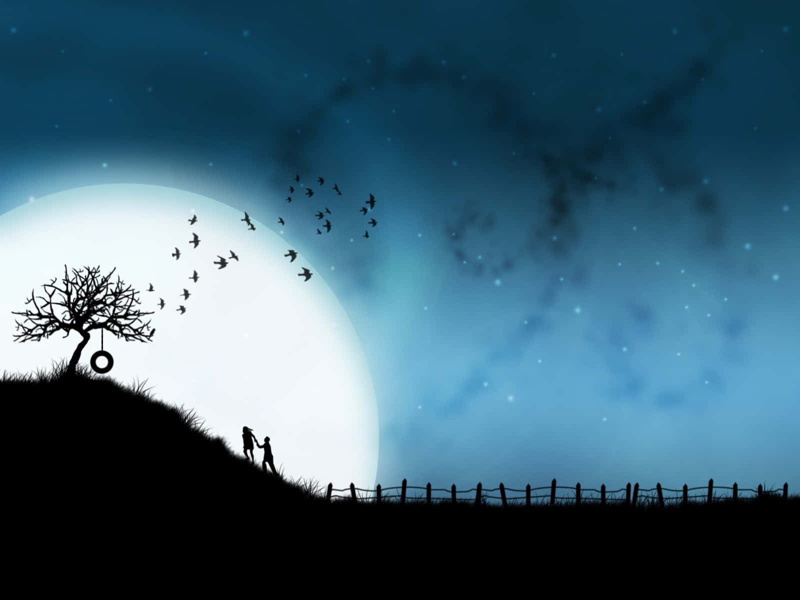 full moon 桌布 壁紙 — 剪影情侶在巨型月亮下沿著籬笆行走，鳥兒飛過一棵帶有輪胎鞦韆的禿樹。