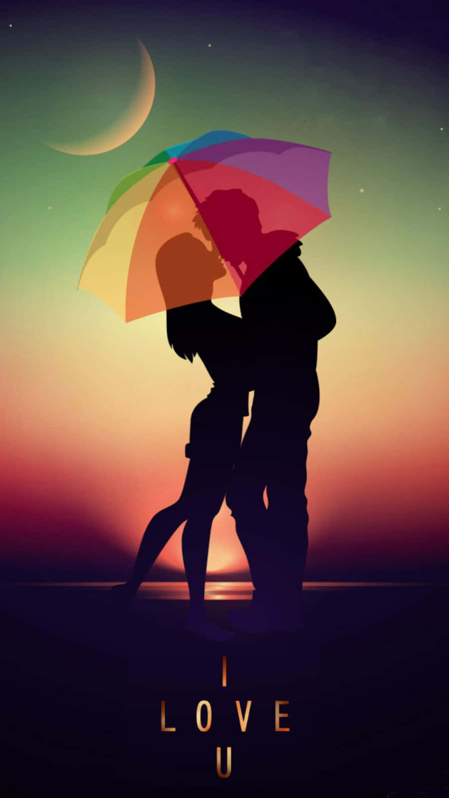 Umbrella 桌布 壁紙 — 剪影情侶在日落時分於彩虹傘下親吻，上方有新月和星星。