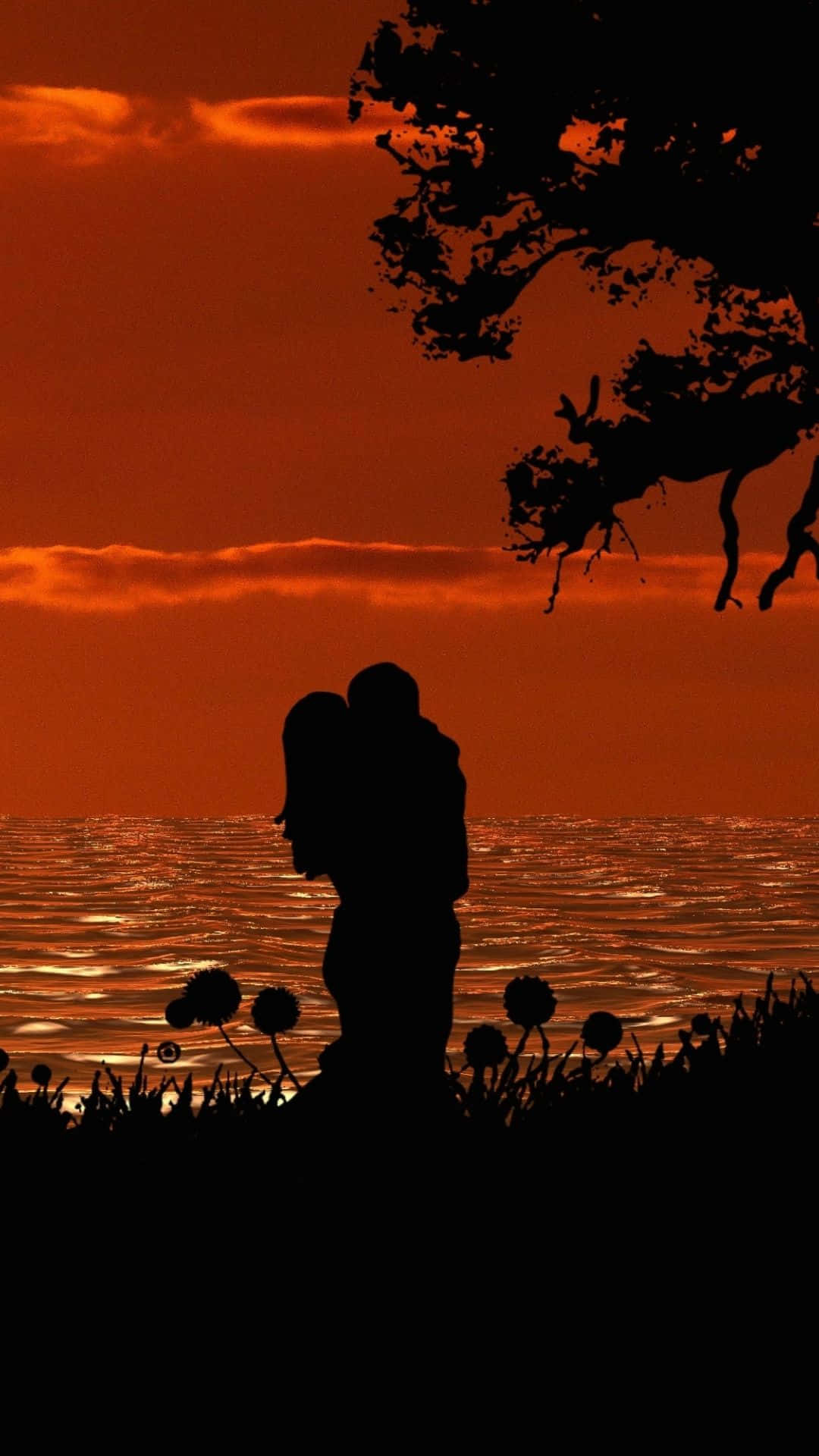 Silhouette 桌布 壁紙 — 剪影情侶在日落時分於水邊擁抱，蒲公英和樹枝襯著火紅的橙色天空。