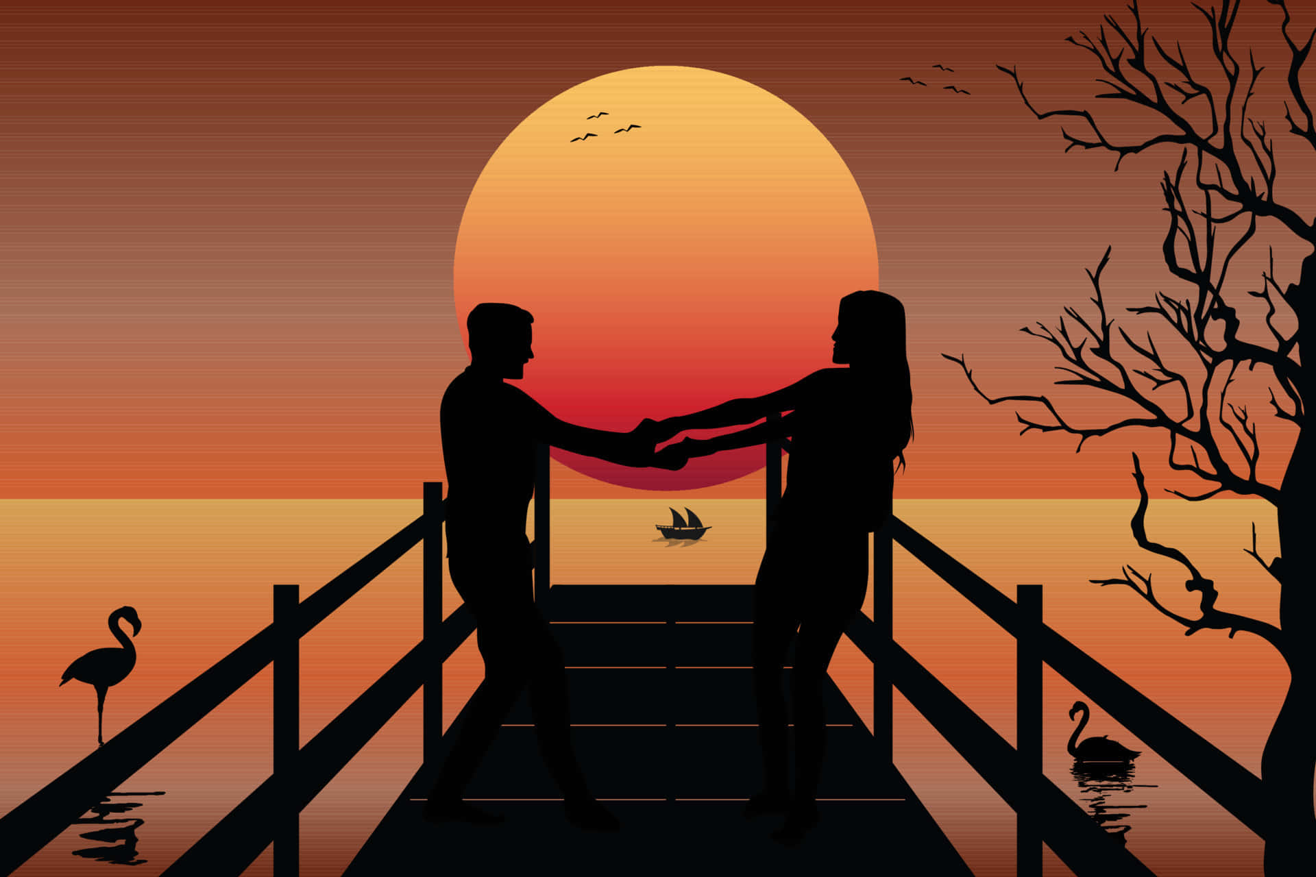 Beautiful Couple 桌布 壁紙 — 剪影情侶在日落時分於碼頭牽手，背景有火烈鳥、天鵝和帆船，天空呈現溫暖漸變色。