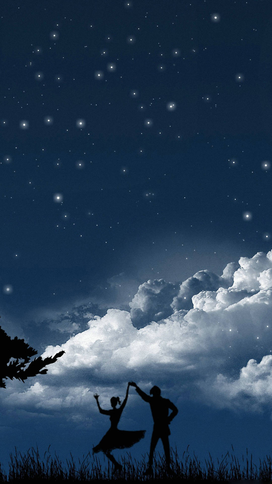 情侶在星空下跳舞，背景有雲朵和一棵樹。 — 頂級 iPhone 桌布 壁紙