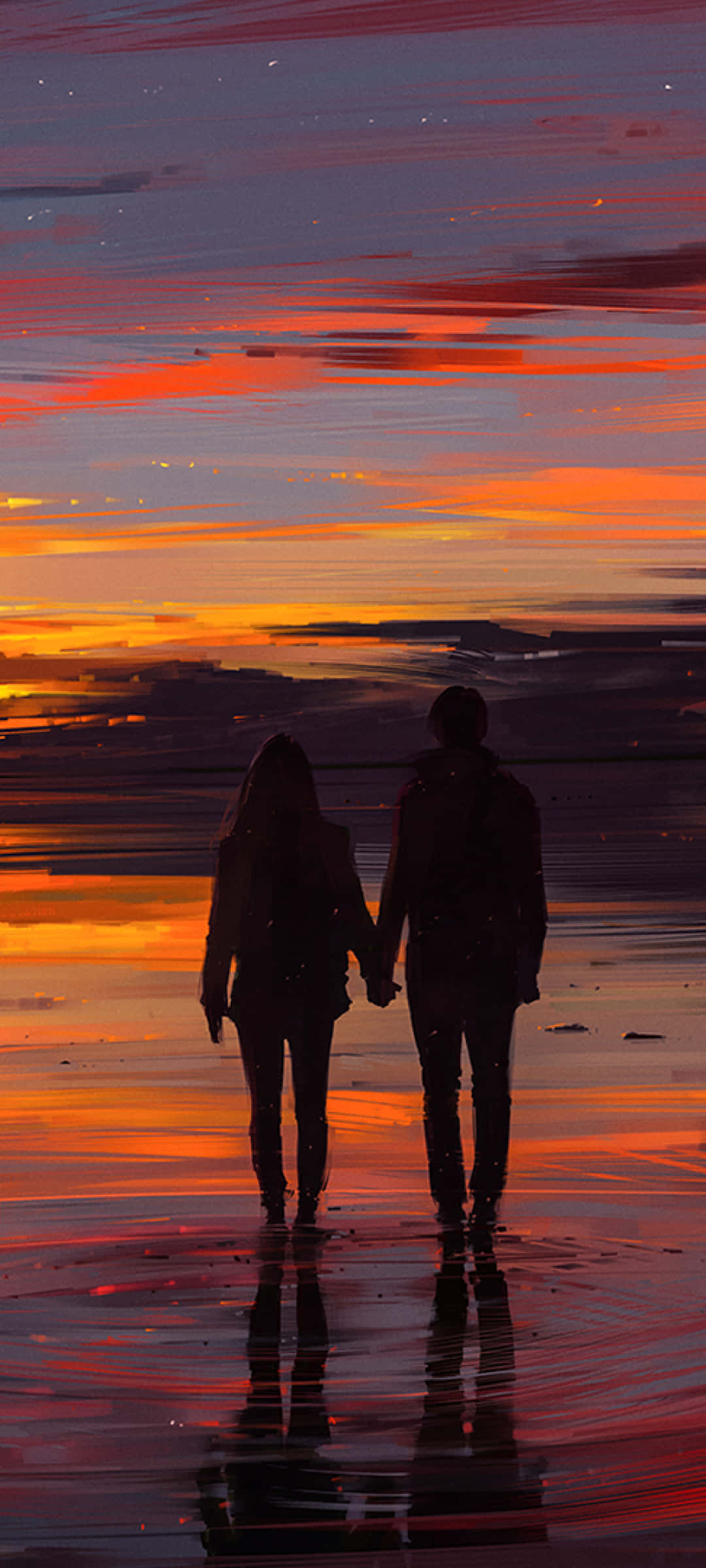 Silhouette 桌布 壁紙 — 剪影情侶在濕漉漉的海灘上牽手，熾熱的夕陽將天空和水面染成鮮豔的橙色和紫色。