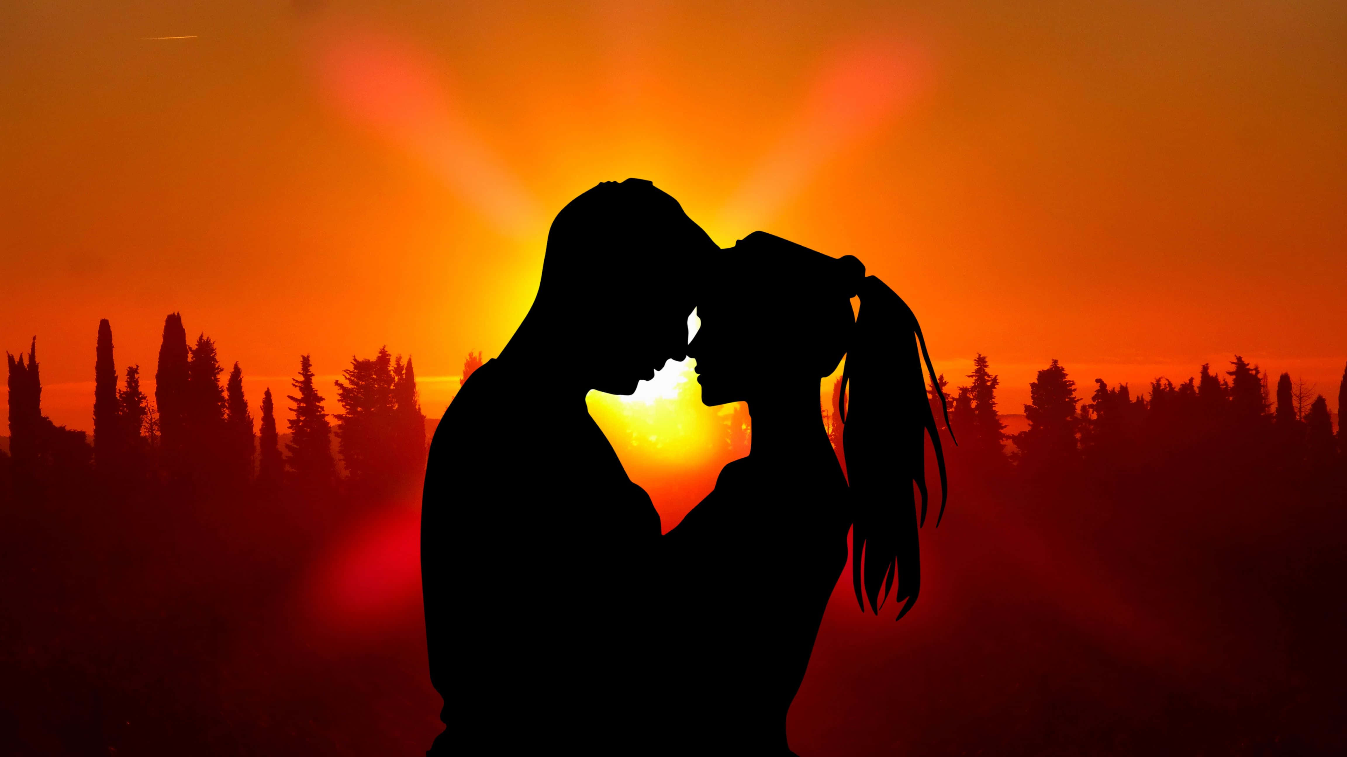 couple love 桌布 壁紙 — 剪影情侶在熾熱的夕陽、發光的光線和柏樹前親吻。
