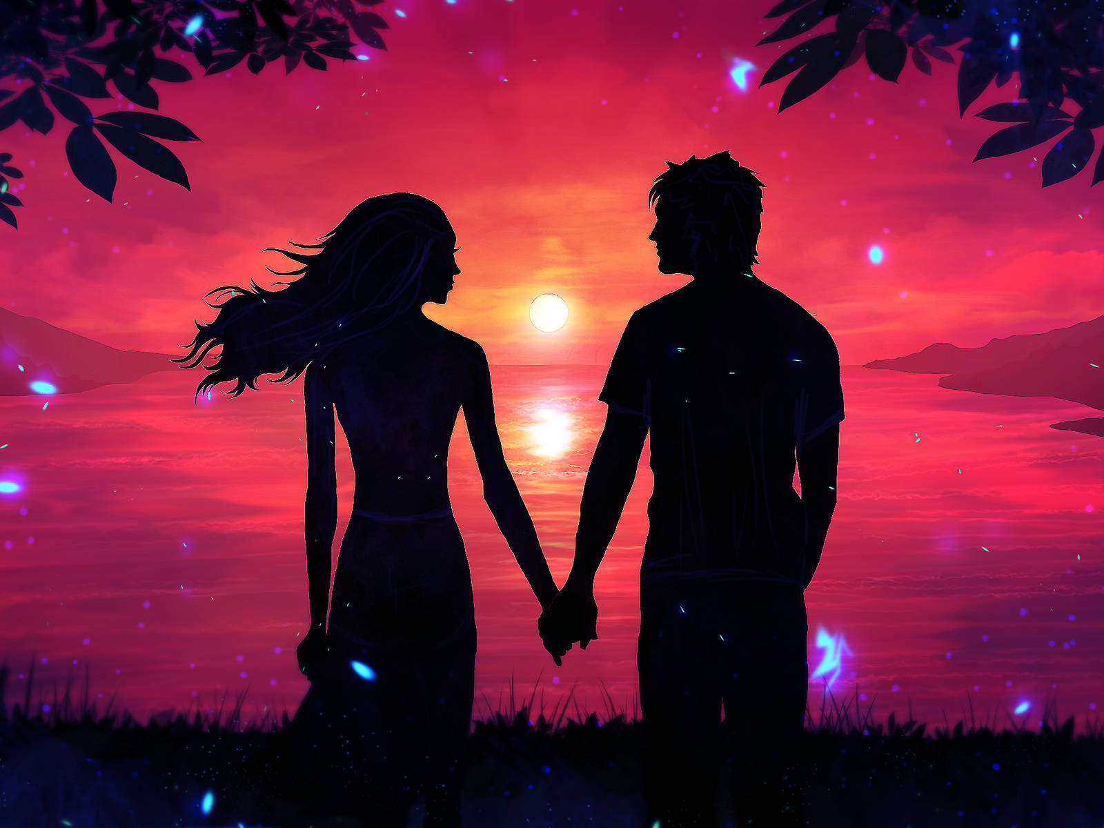 Silhouette 桌布 壁紙 — 剪影情侶在發光的日落中手牽手，水面被樹枝和漂浮的藍色燈光環繞。