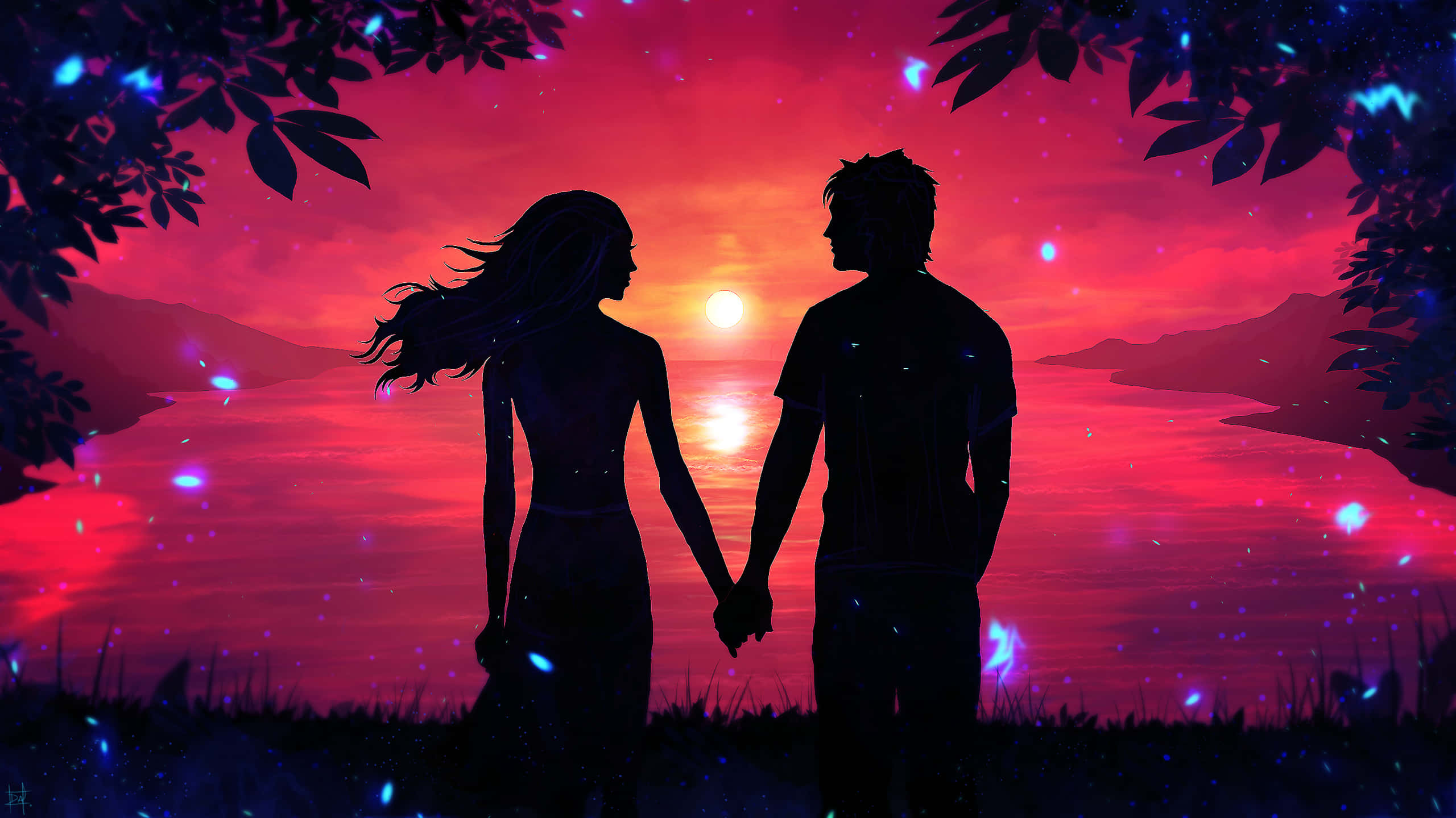 Silhouette 桌布 壁紙 — 剪影情侶在發光的日落中手牽手，背景是水面，周圍是發光的樹葉。