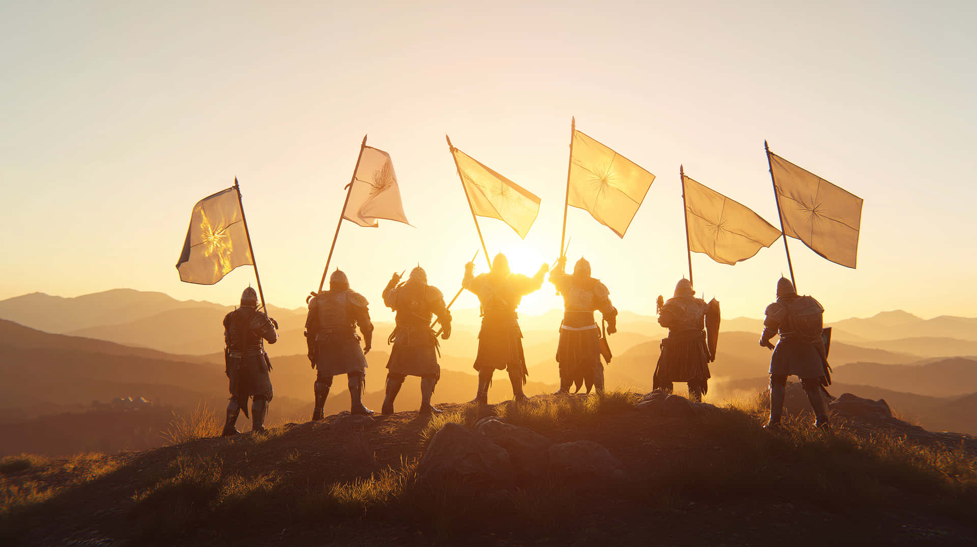 Victorious Warriors with Flags on Mountain Summit at Sunset 壁紙 — 剪影戰士站在夕陽下的草坡上，手持旗幟，太陽在他們身後照耀著遠山。