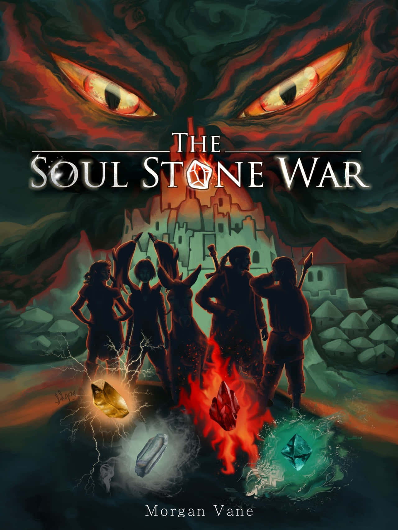 Soul Stone 桌布 壁紙 — 剪影戰士站在發光的魔法石前，一個巨大的惡魔面孔在黑暗奇幻場景中從頭頂逼近。