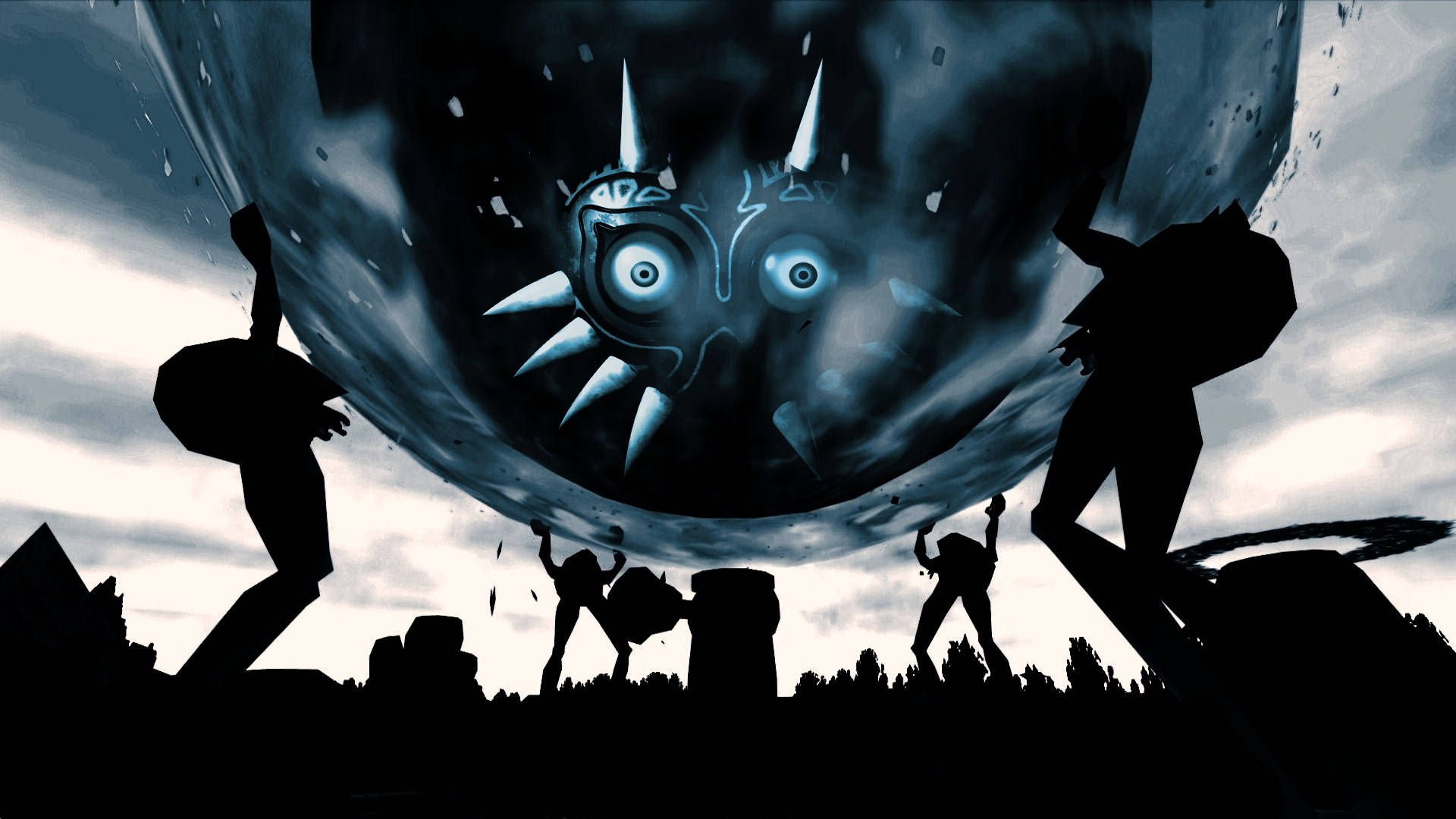 Majora's Mask 桌布 壁紙 — 剪影戰士與漂浮在暴風雨天空中的巨大發光面具戰鬥。