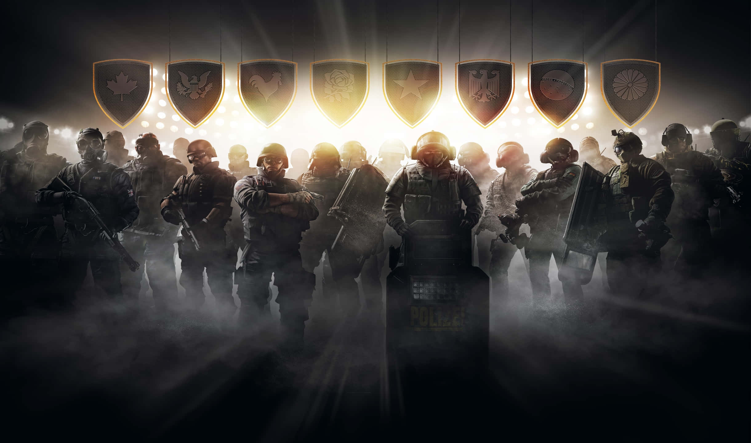 2440x1440 Rainbow Six Siege 桌布 壁紙 — 剪影戰術單位在迷霧中站立，下方是發光的國家盾牌，營造出戲劇性的黑暗場景。