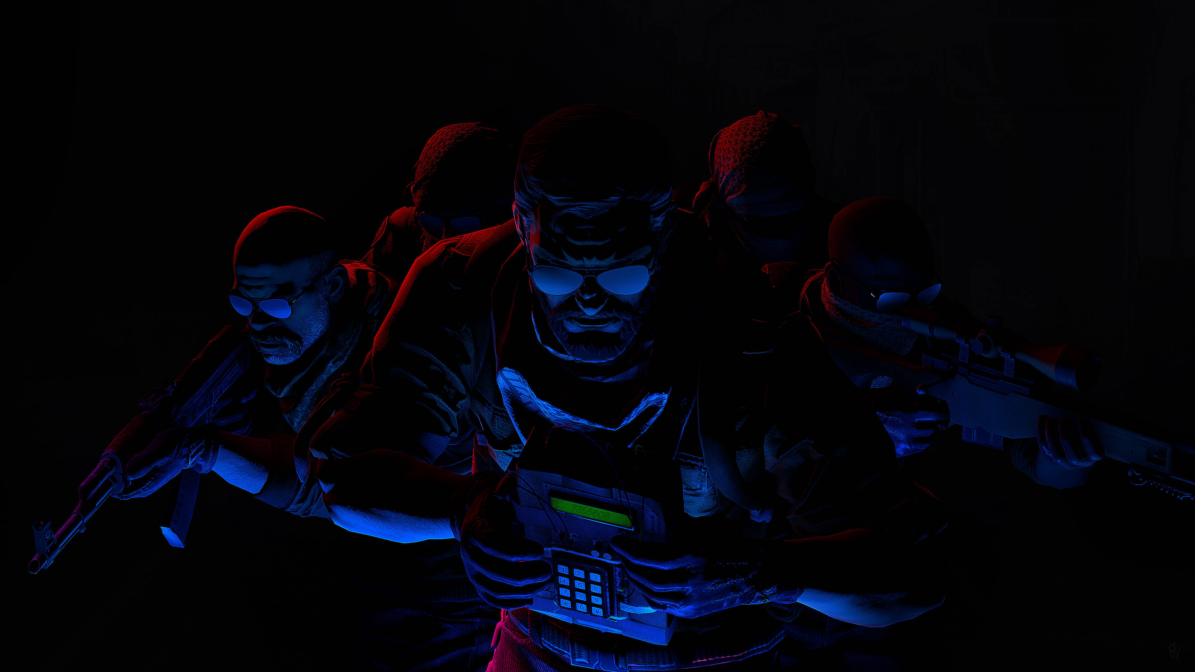 Cs Go 桌布 壁紙 — 剪影戰術團隊身穿深色裝備，被藍色和紅色燈光照亮，在隱蔽夜間行動中瞄準武器。
