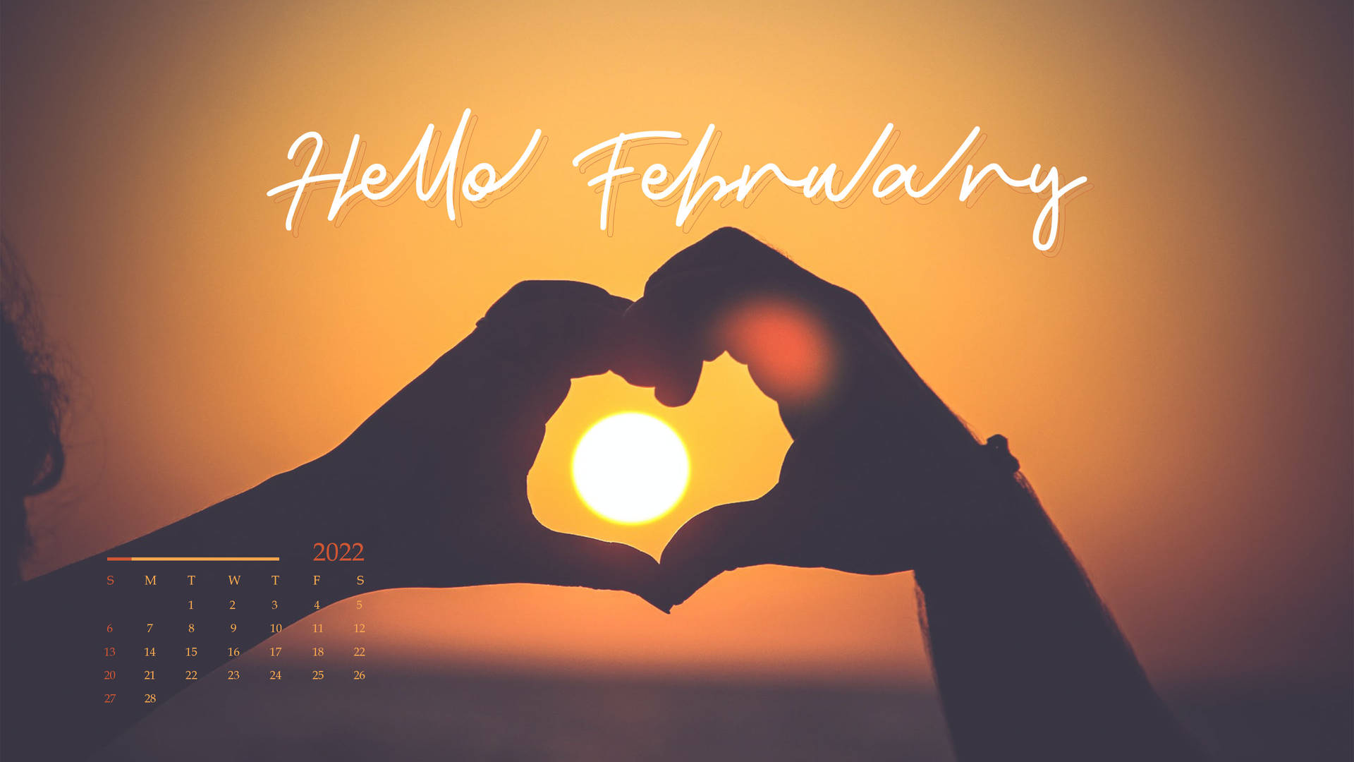 心形手框住太陽，帶有「Hello February」和2022年日曆。 — 二月 GIF 壁紙