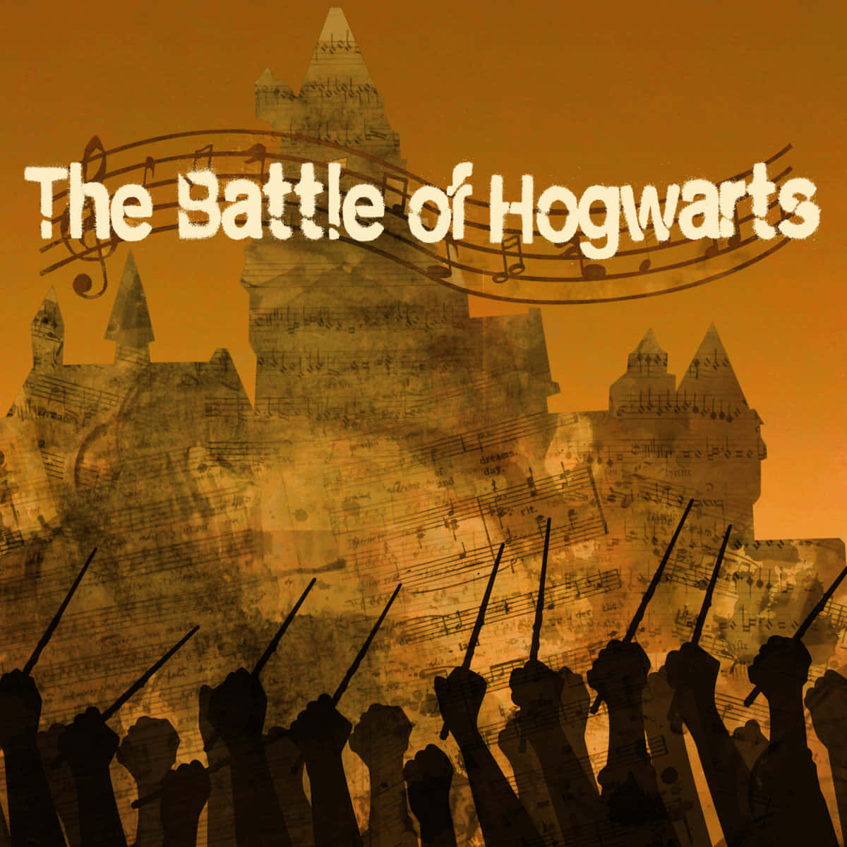 The Battle Of Hogwarts 桌布 壁紙 — 剪影手舉起魔杖，在溫暖橙色燈光下，城堡上疊加著音符。
