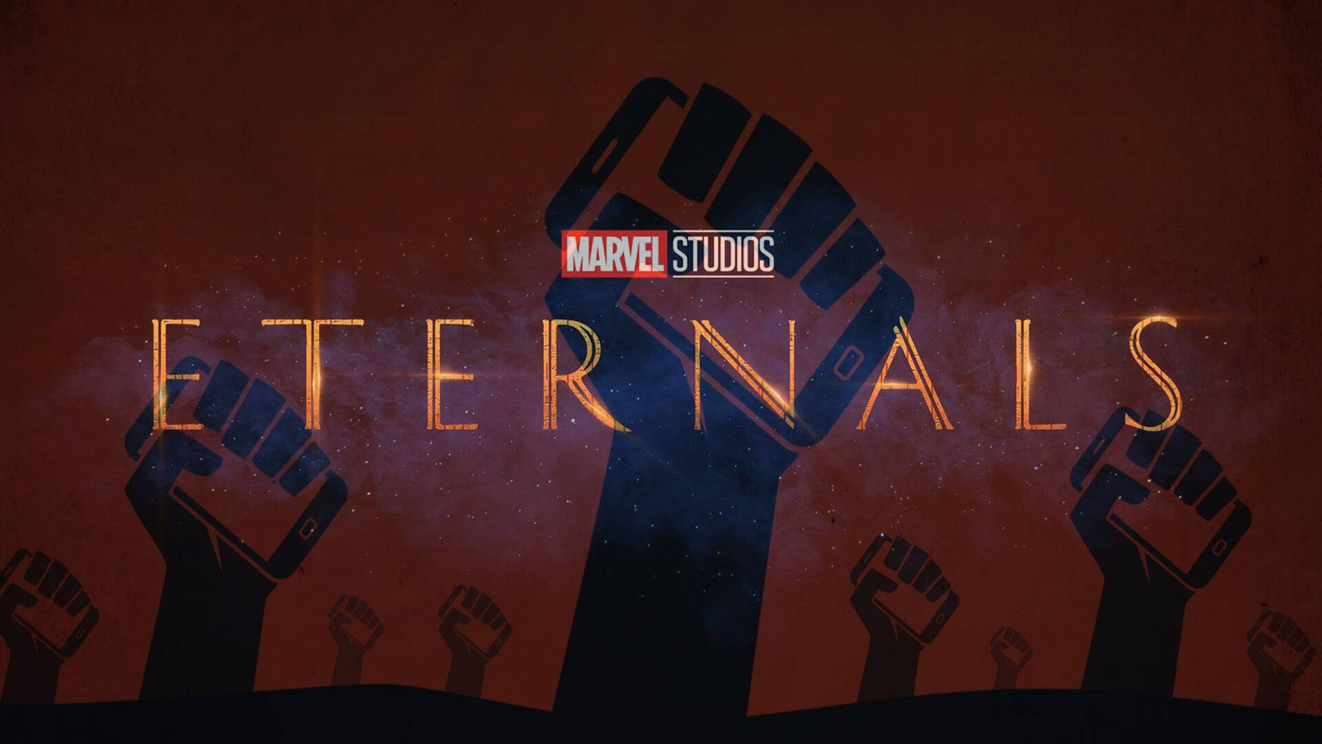 Eternals 桌布 壁紙 — 剪影拳頭在宇宙紅藍背景下升起，帶有發光的「ETERNALS」文字和Marvel Studios標誌。