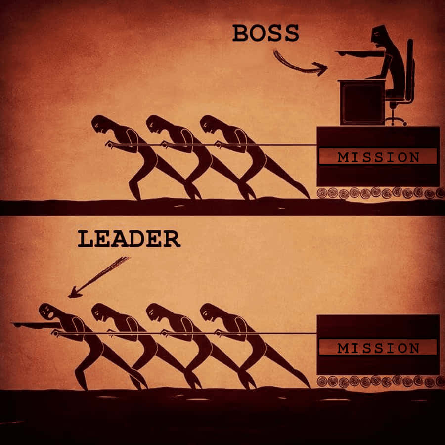 Leadership 桌布 壁紙 — 剪影插圖對比老闆指揮工人與領導者賦予他們權力以推動任務前進。
