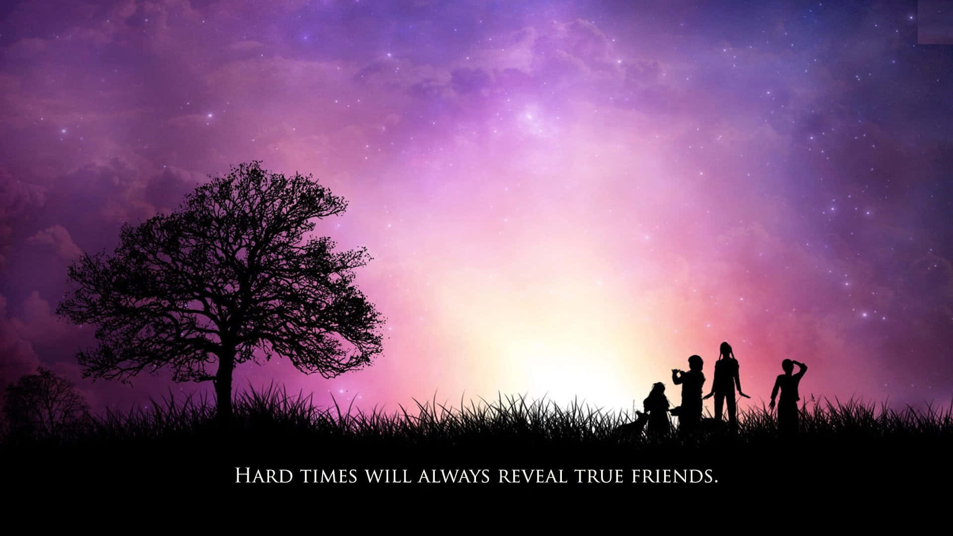 Friendship 桌布 壁紙 — 剪影朋友們在暮色中聚集在 vibrant 紫色星空下，旁邊有一棵孤獨的樹。