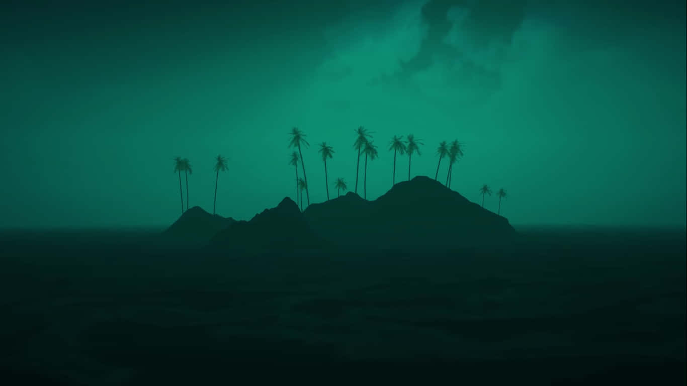 Island 桌布 壁紙 — 剪影棕櫚樹在平靜的海洋上，在陰鬱的青綠色天空下，為黑暗的島嶼加冕。