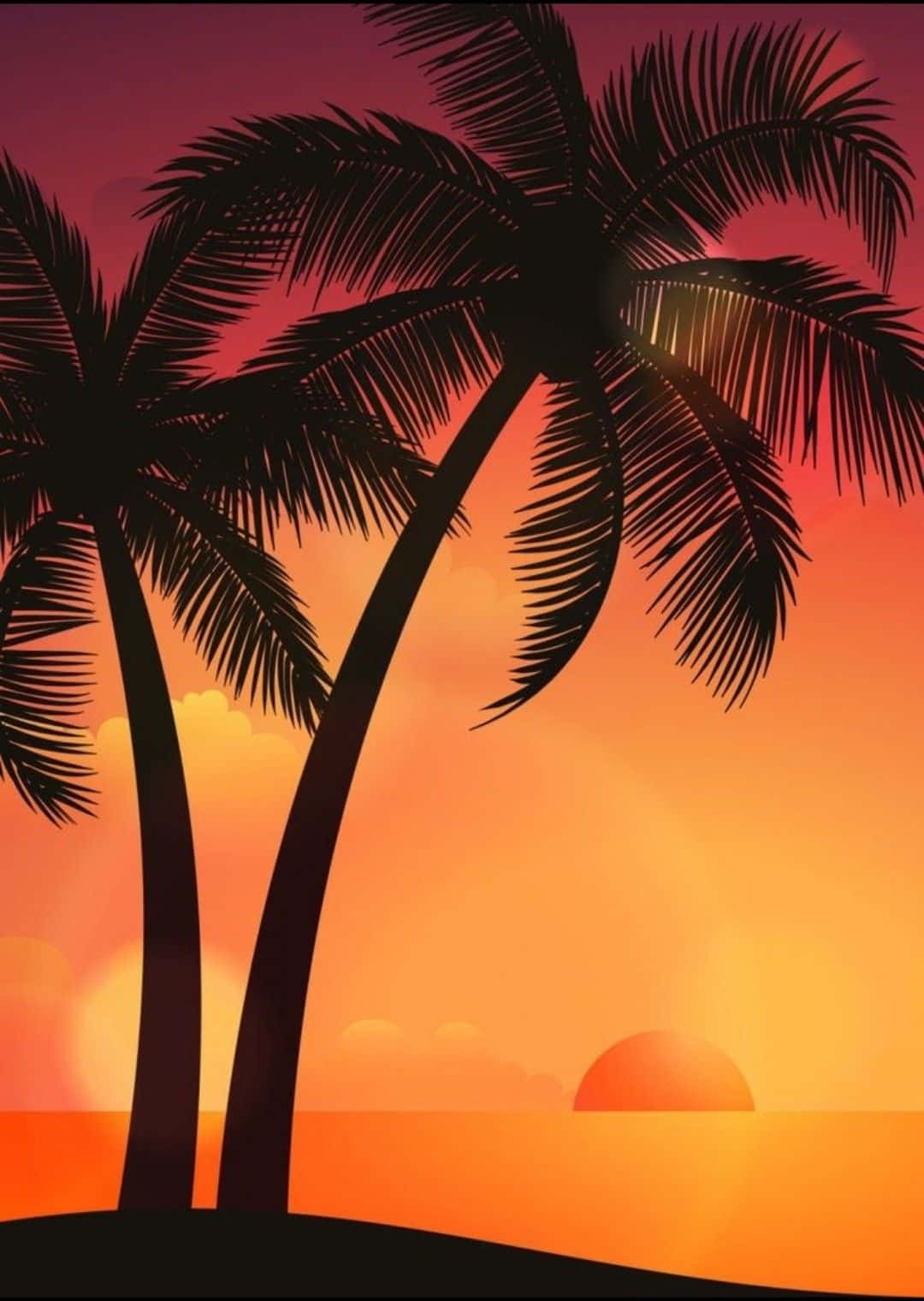 Palm Trees Beach 桌布 壁紙 — 剪影棕櫚樹在海洋地平線上鮮豔的橙色和紫色日落中搖曳。