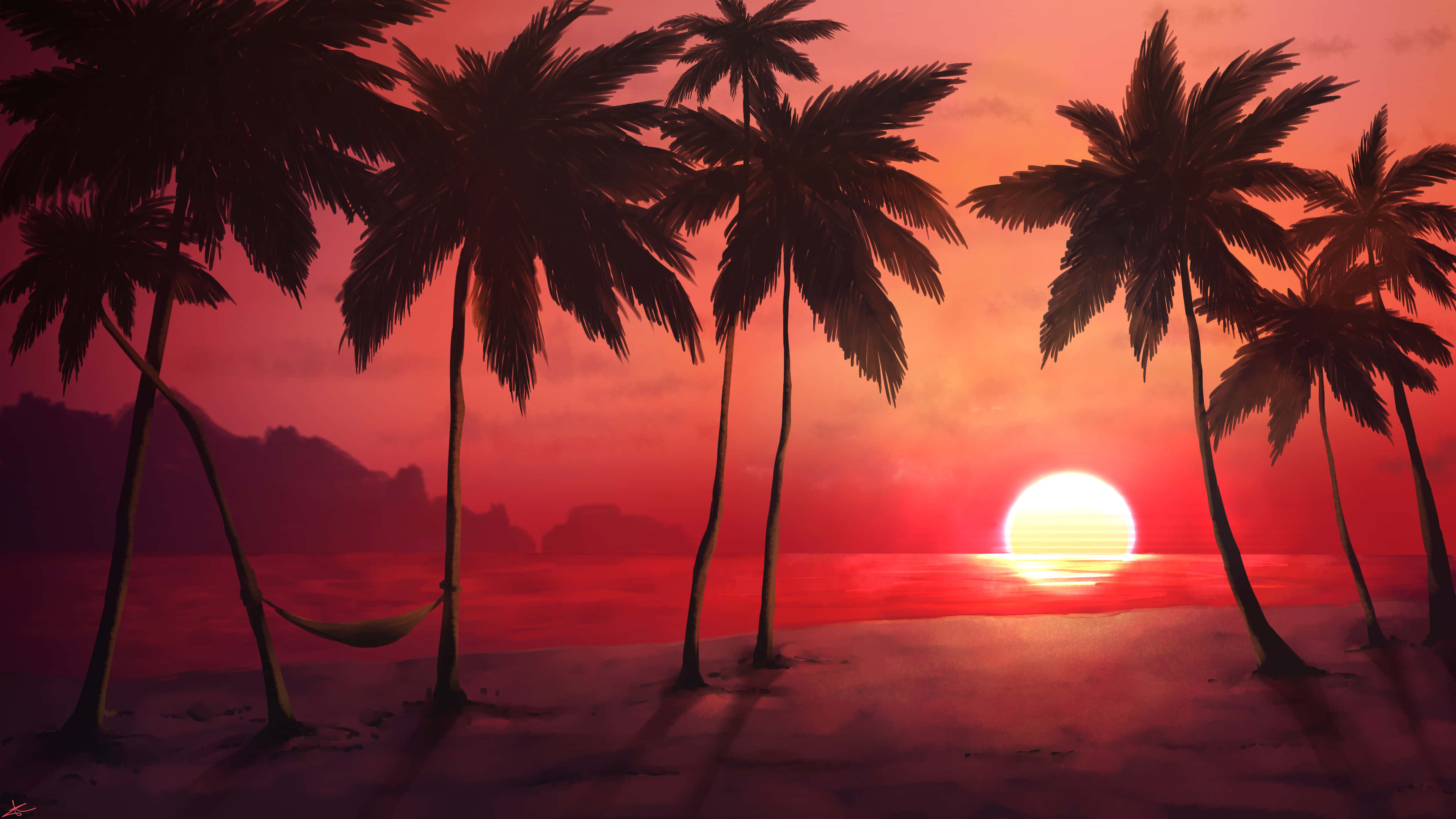 Cute Tropical 桌布 壁紙 — 剪影棕櫚樹框出一個充滿活力的紅色日落，在一個寧靜的熱帶海灘上，兩個樹幹之間掛著一張吊床。