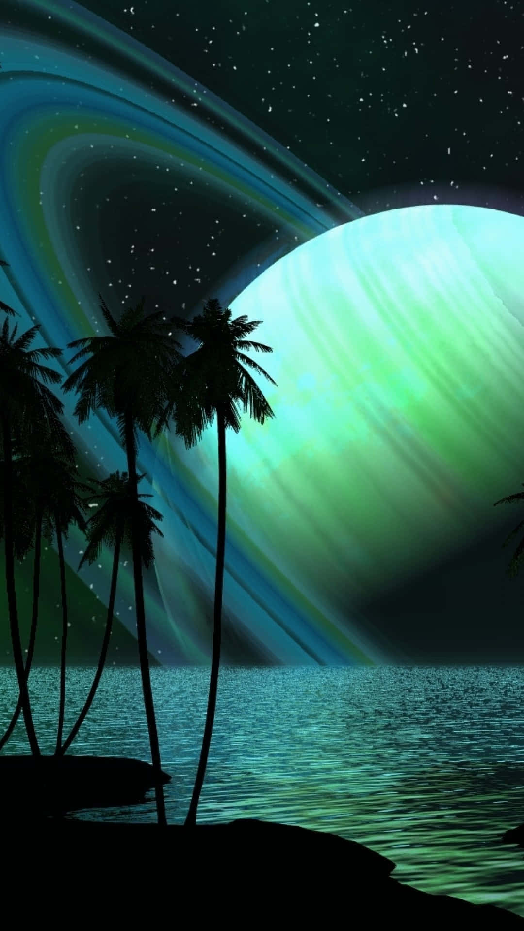 土星 桌布 壁紙 — 剪影棕櫚樹環繞著一顆發光的外星行星，帶有旋轉的環和極光，映照在星空下反射的海洋上。