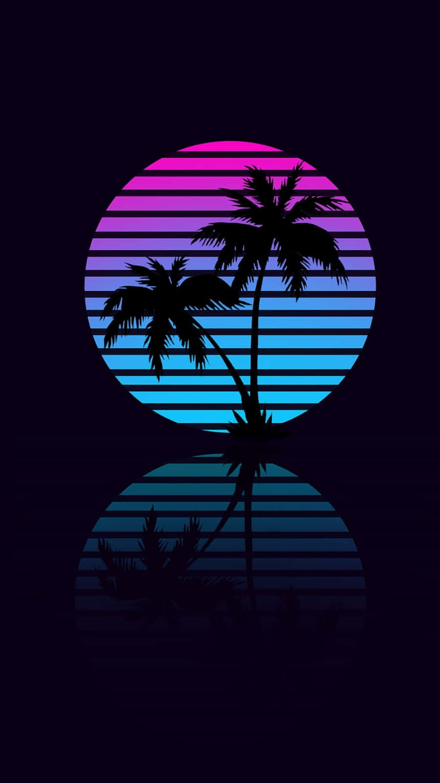 復古美學 iPhone 桌布 壁紙 — 剪影棕櫚樹矗立在充滿活力的條紋日落圓圈前，帶有鏡面倒影。