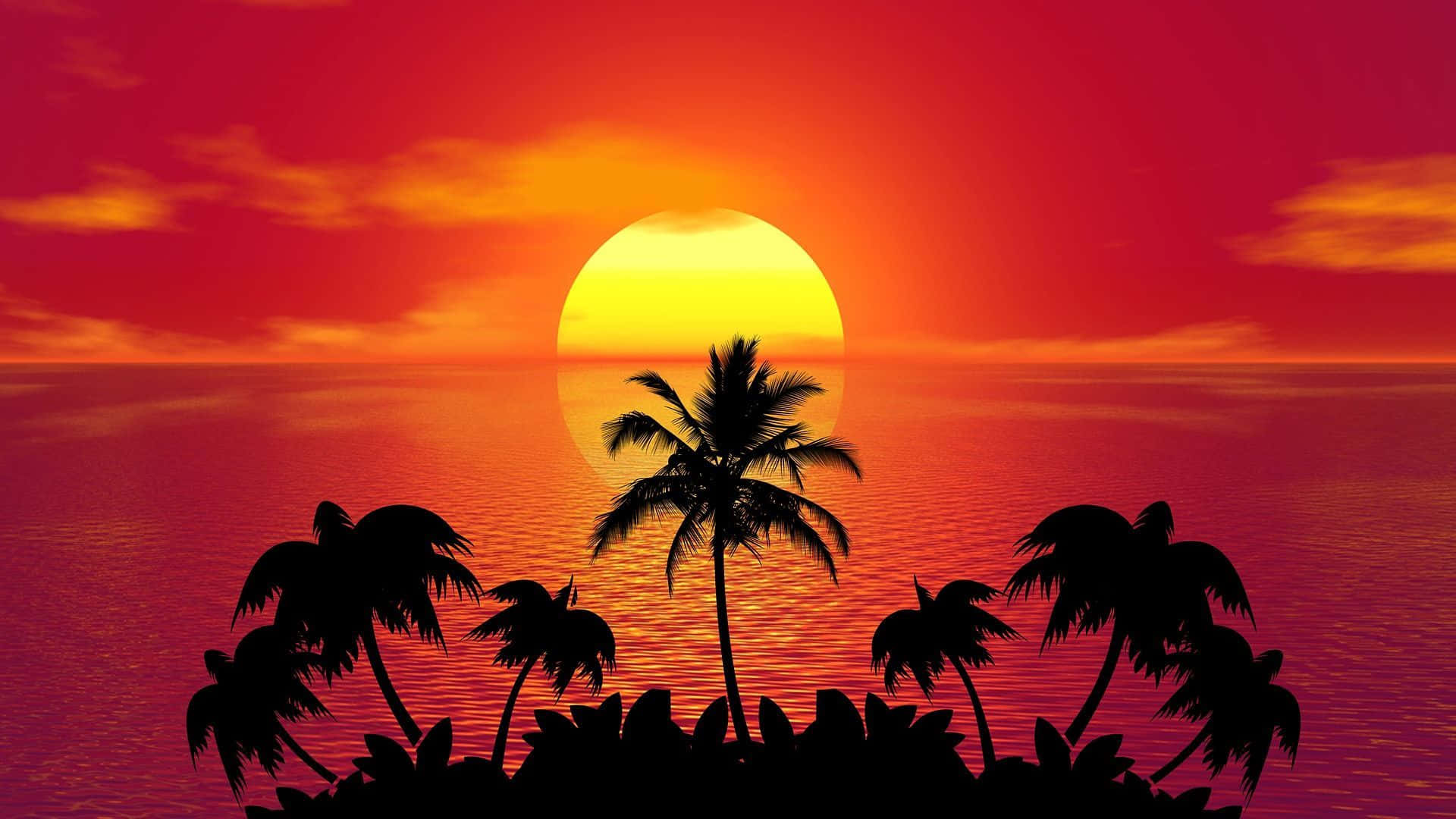 海灘日落 桌布 壁紙 — 剪影棕櫚樹襯托著一輪巨大的金色夕陽，在火紅與橙色的海洋地平線上緩緩落下。