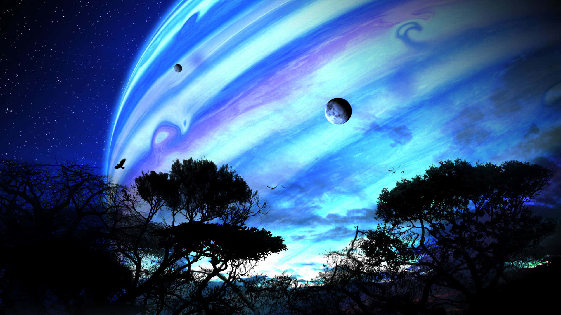 潘朵拉 桌布 壁紙 — 剪影樹木仰望星空宇宙中一個巨大的旋轉藍色行星和月亮。