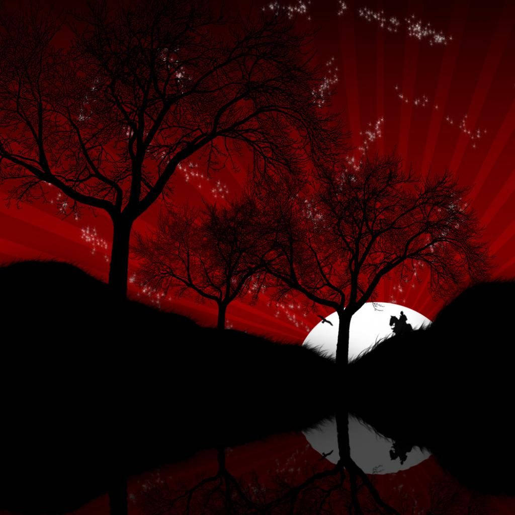 一個騎馬的騎手在紅色天空、星星和滿月的襯托下形成剪影。 — iPad mini 動態圖片 壁紙