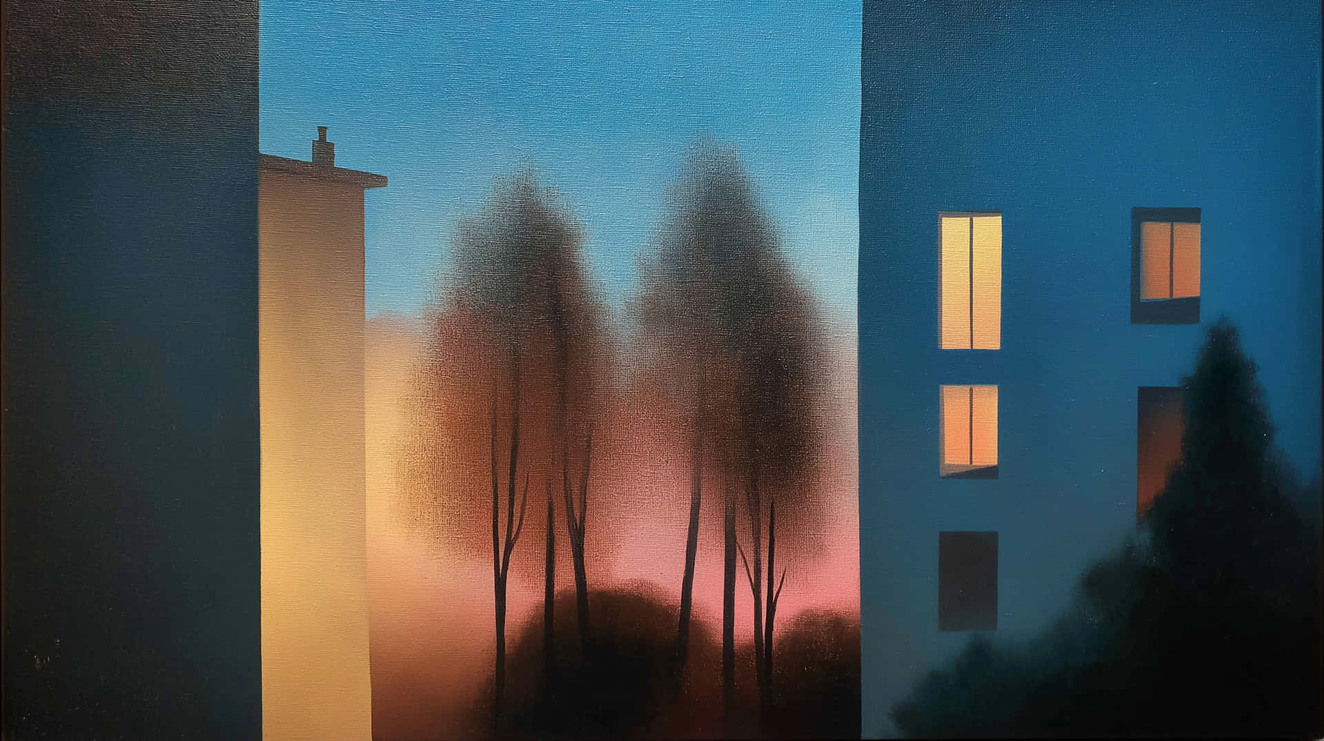 Minimalist Urban Night Scene with Lone Cat and Tree 壁紙 — 剪影樹木在暮色天空下發光，被高樓大廈和溫暖燈光的窗戶框住。