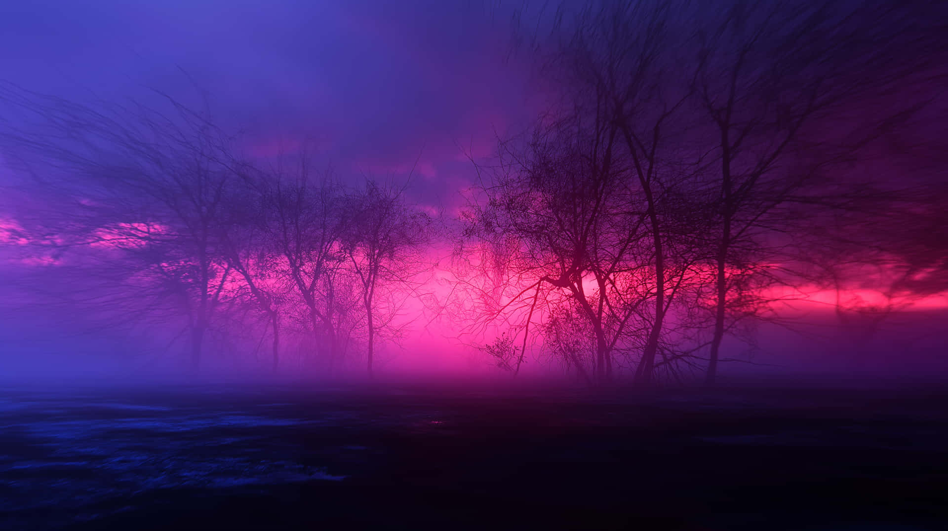 Mysterious Forest Landscape in Deep Pink and Purple Hues 壁紙 — 剪影樹木在霧中矗立，在散發電光紫和火熱粉紅色的超現實天空下。