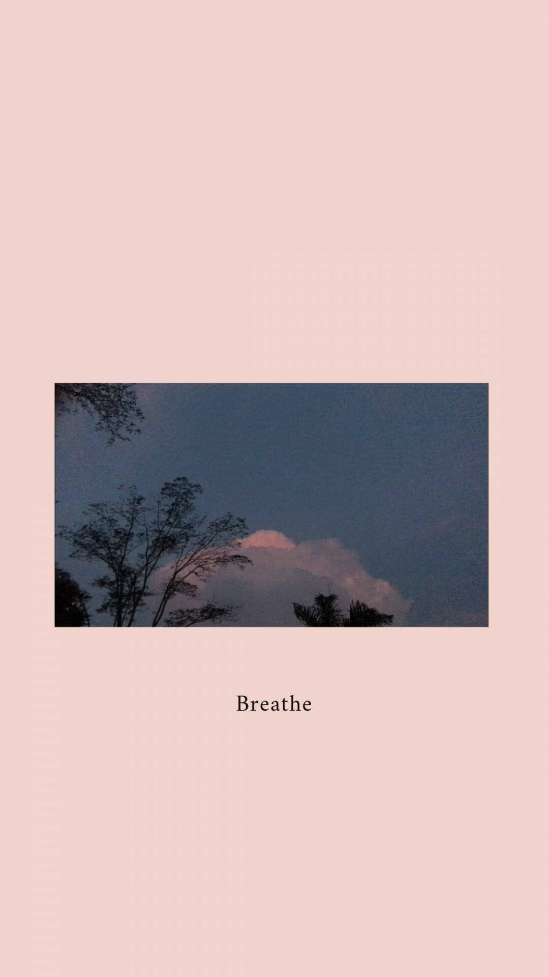 Aesthetic iPhone Xr 桌布 壁紙 — 剪影樹木框住柔和的粉紅色雲朵，背景是暗藍色的天空，下方中央有「breathe」一詞。