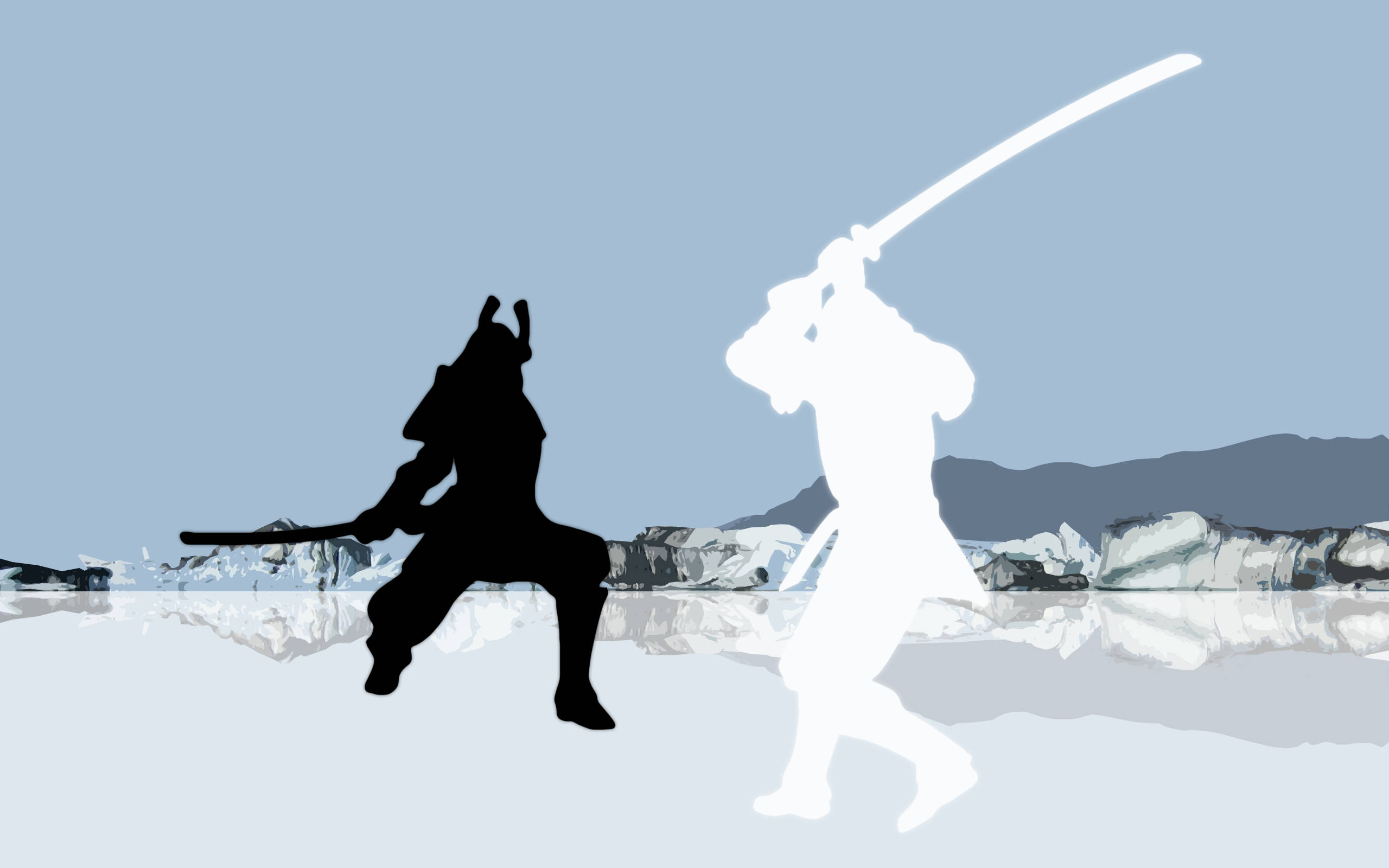 桌布 壁紙 — 剪影武士決鬥，在冰天雪地中對抗發光的白色對手，並有山脈倒影。