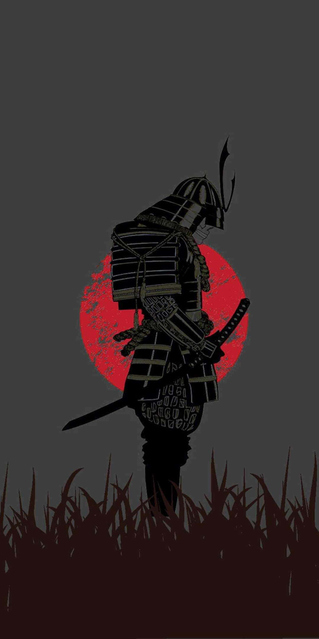 日本動漫 桌布 壁紙 — 剪影武士站在高草中，背景是深灰色上的紋理紅太陽。