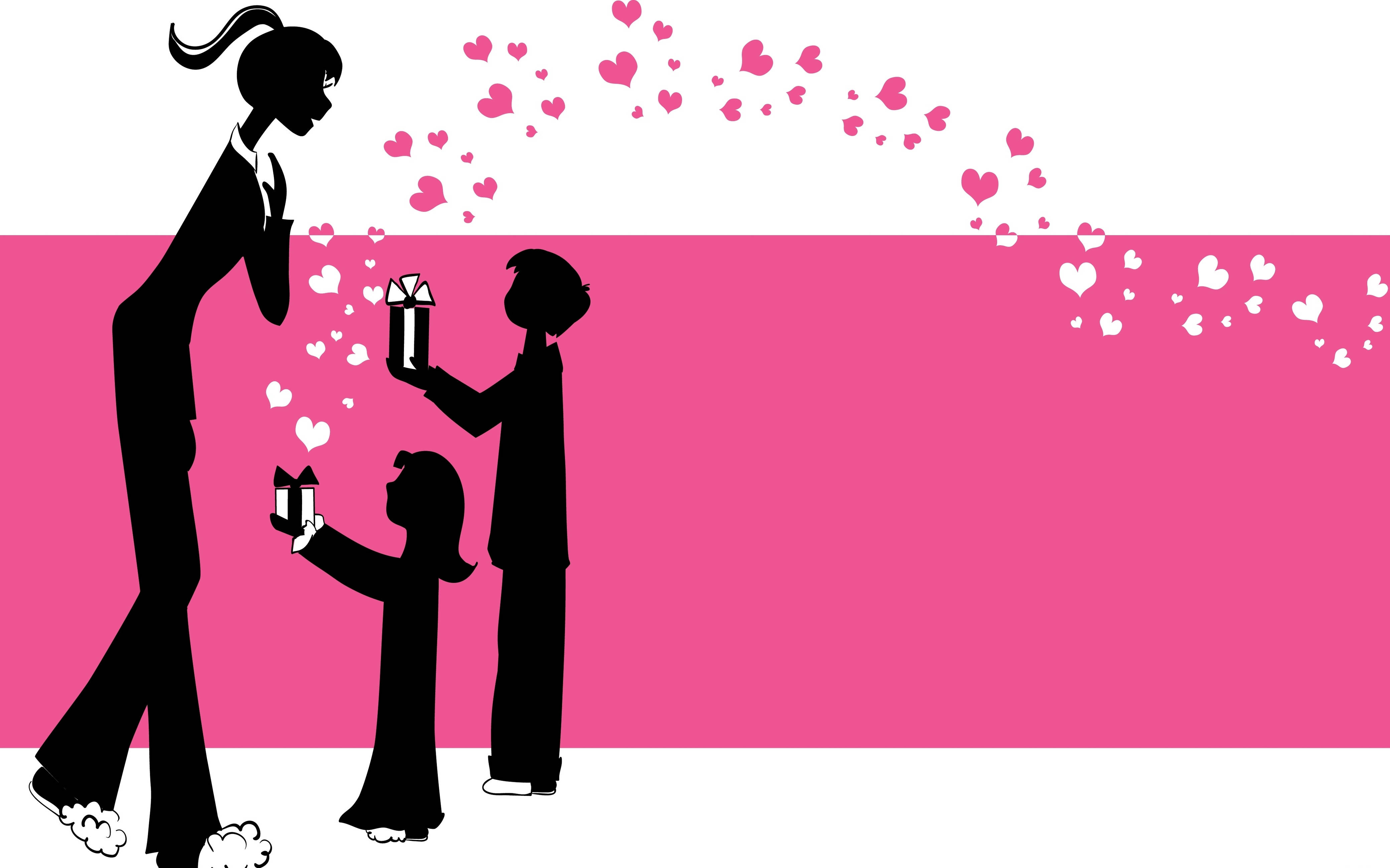Happy Mothers Day 桌布 壁紙 — 剪影母親和兩個孩子在粉紅色和白色背景上交換禮物，伴有漂浮的心形。