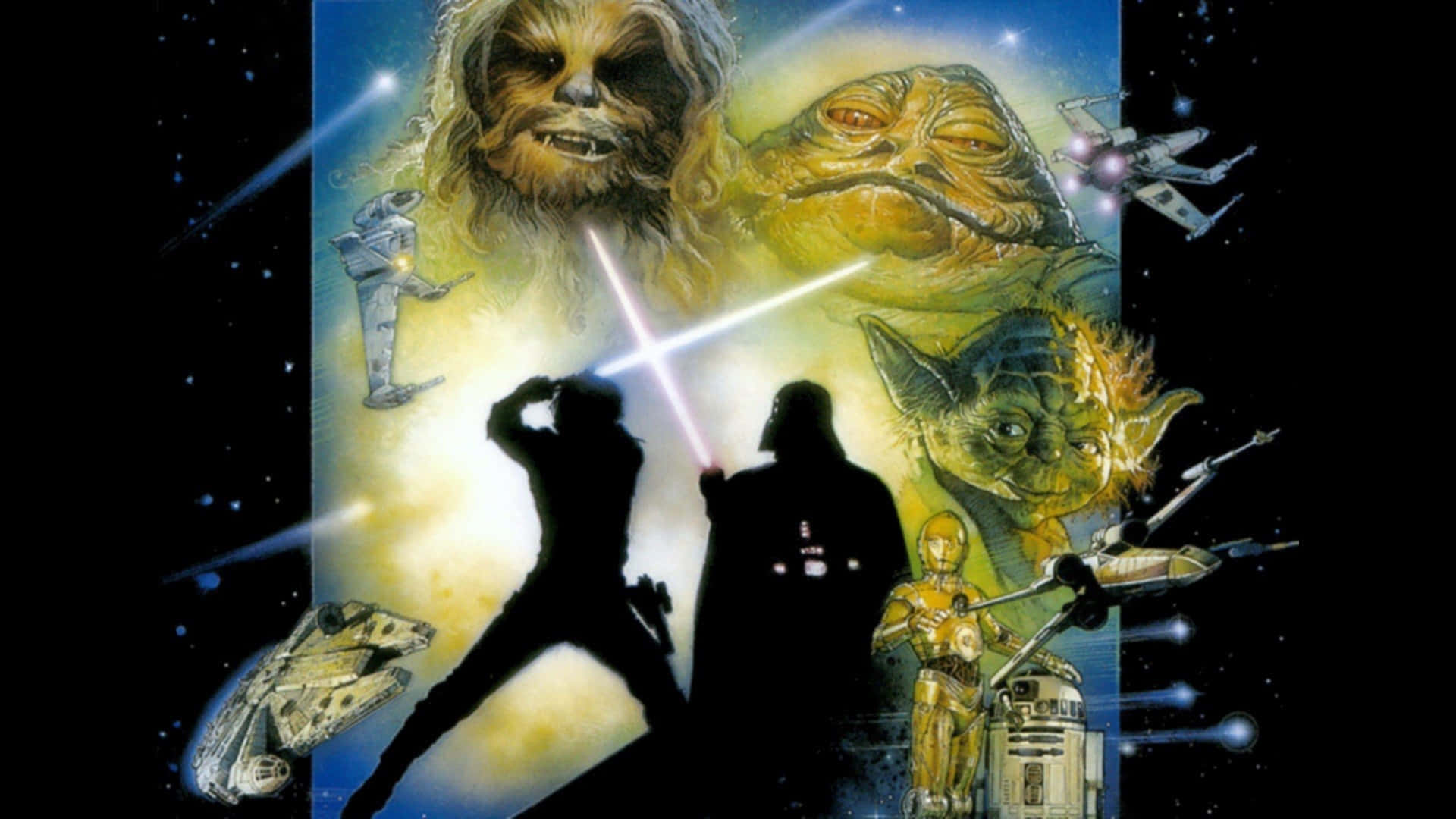 Return Of The Jedi 桌布 壁紙 — 剪影決鬥者用光劍對戰，背景是宇宙，展示標誌性的星際大戰角色和太空船。