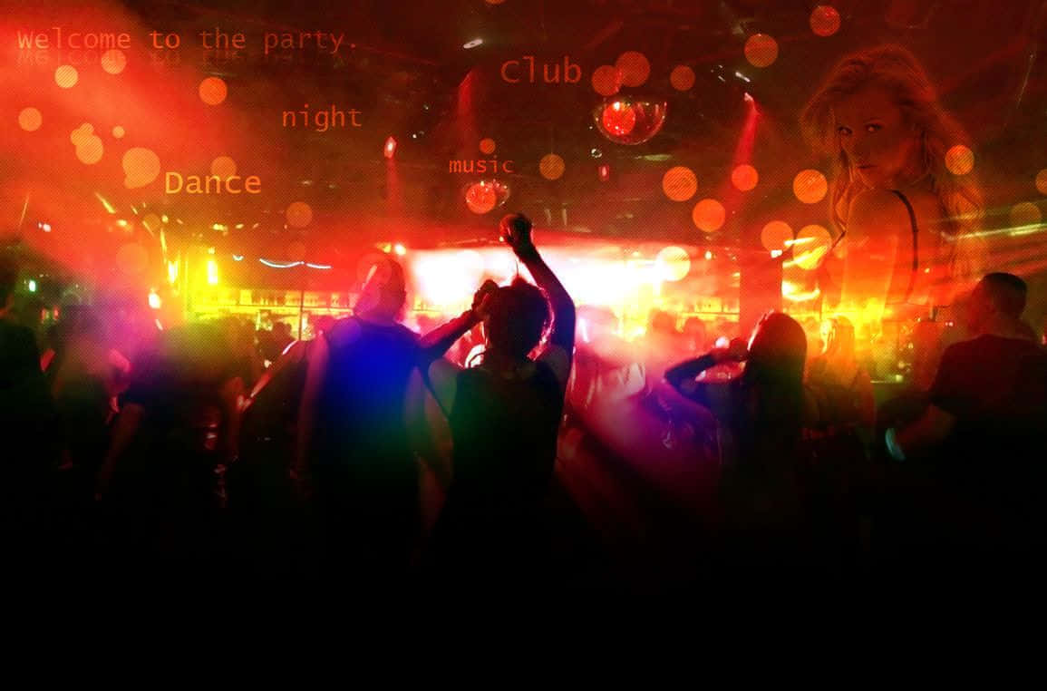 Club Party 桌布 壁紙 — 剪影派對參與者在鮮豔的紅色和黃色俱樂部燈光下跳舞，帶有發光文字疊加和散景效果。