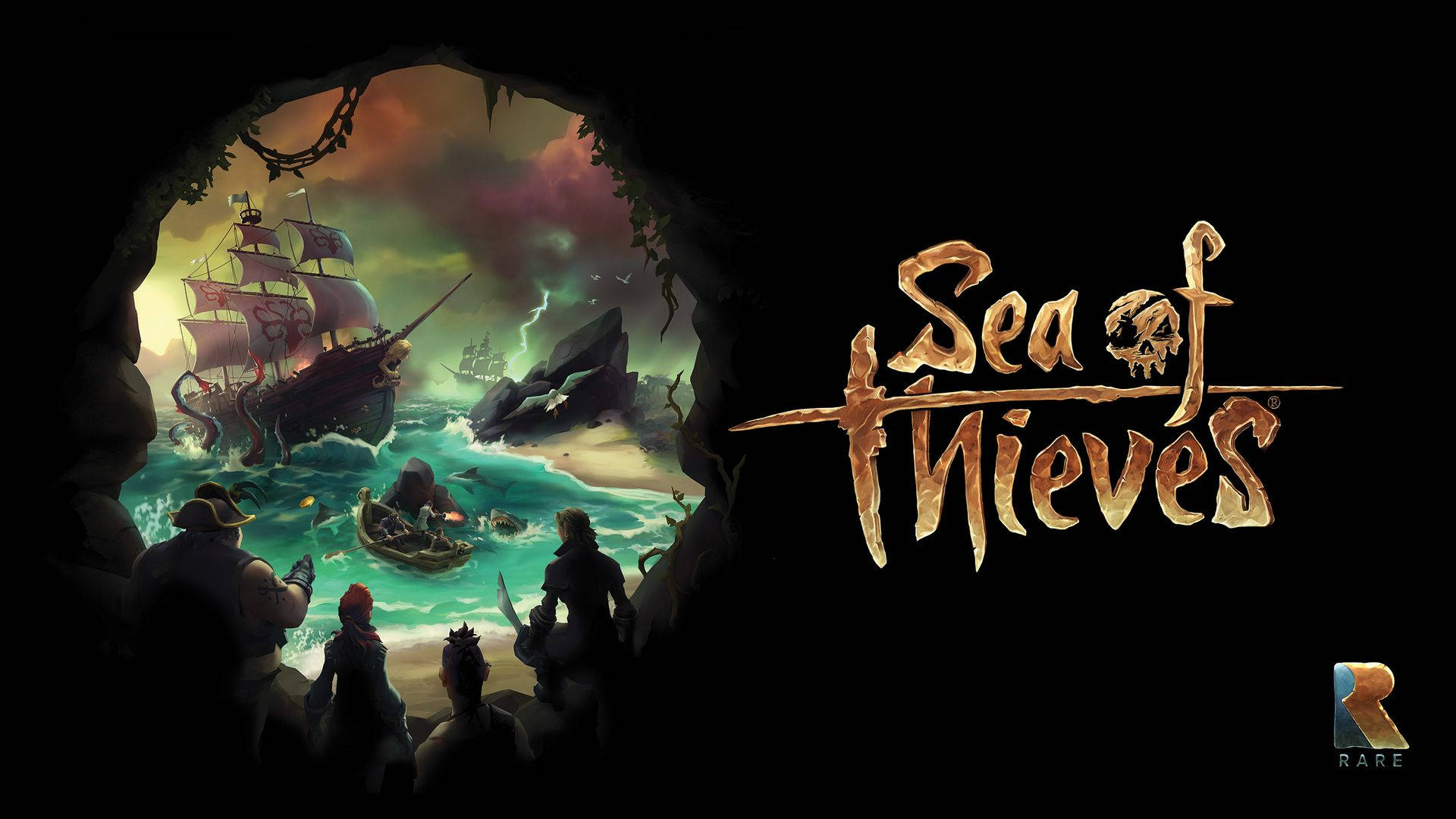 Sea Of Thieves 桌布 壁紙 — 剪影海盜從洞穴窺視暴風雨的大海，一艘海盜船與巨浪搏鬥，遠處一艘幽靈船若隱若現。