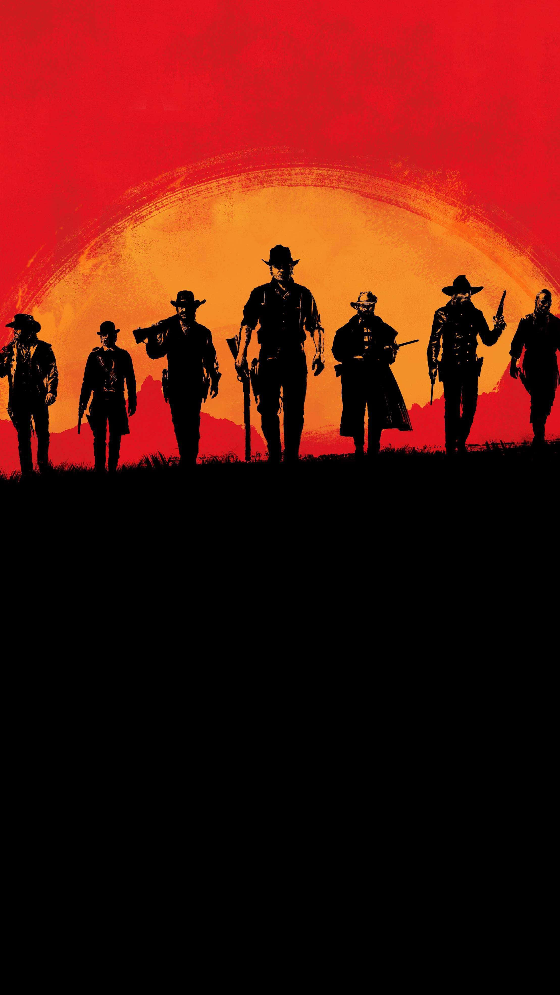 Red Dead Redemption 4K 桌布 壁紙 — 剪影牛仔們排成一排，背景是火紅和橙色的日落天空。