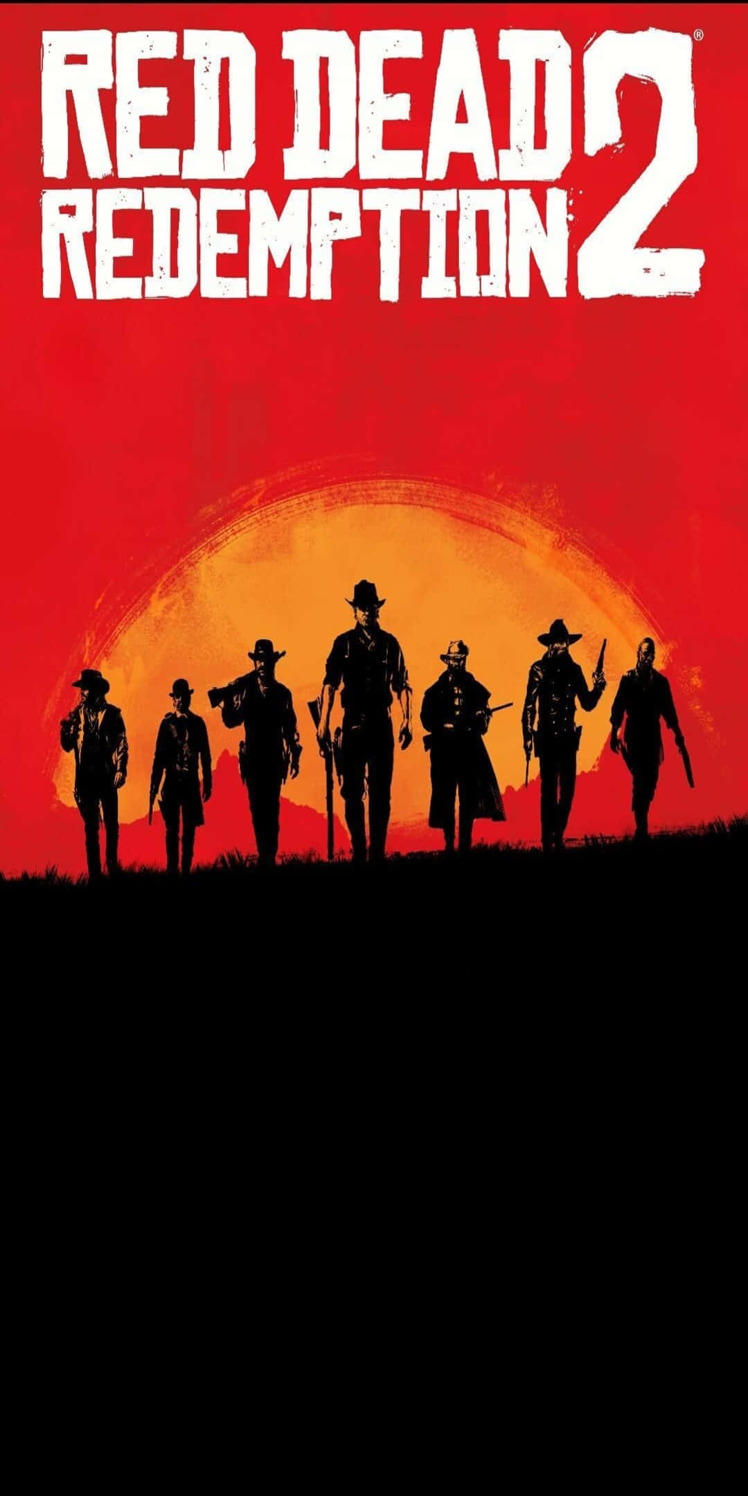 Red Dead Redemtion 2 桌布 壁紙 — 剪影牛仔在西部遊戲海報中站在火紅的日落前。