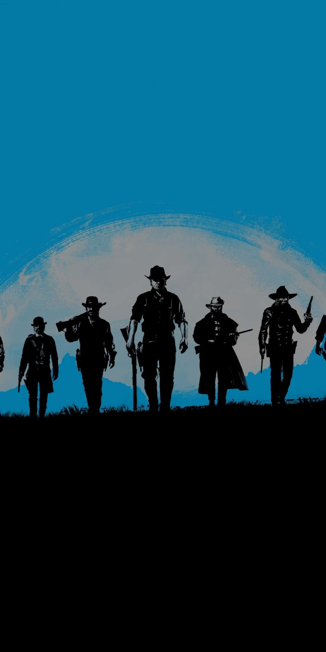 Red Dead Redemtion 2 桌布 壁紙 — 剪影牛仔排成一排，襯托著充滿活力的藍天，背後有一輪巨大的白色月亮。