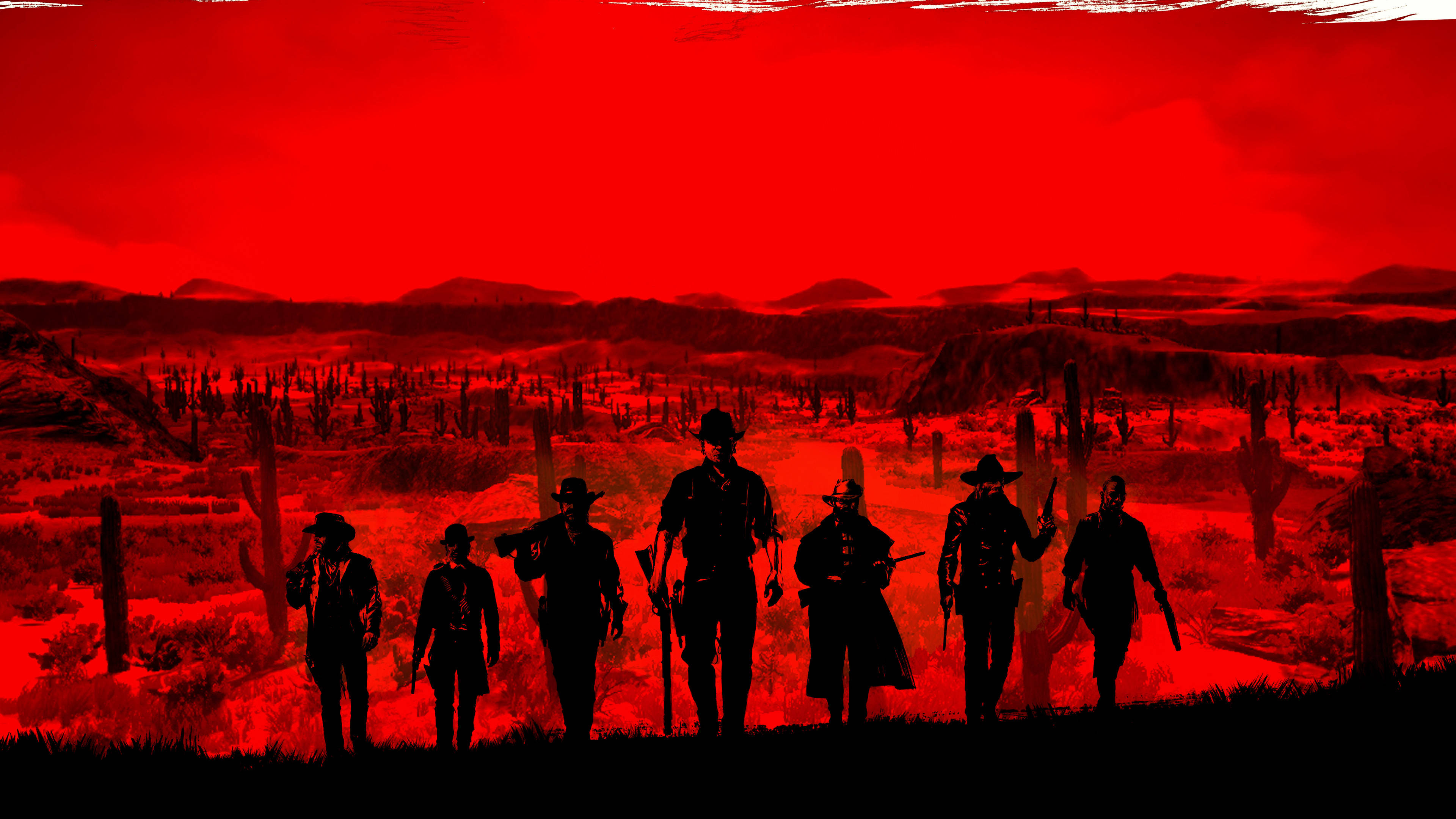Red Gaming 桌布 壁紙 — 剪影牛仔站在一片荒涼的紅色沙漠景觀中，天空血紅。