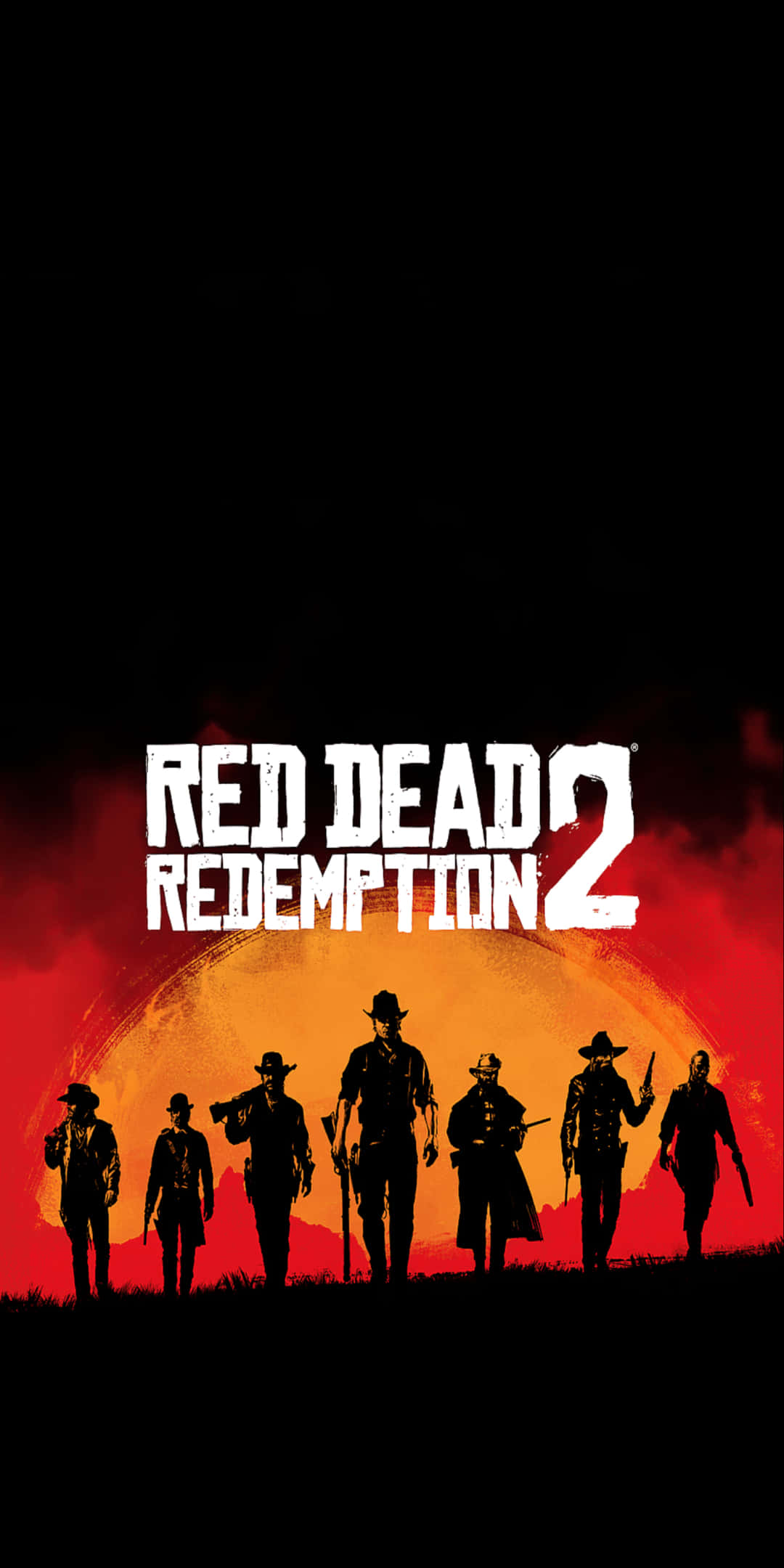 Red Dead Redemtion 2 桌布 壁紙 — 剪影牛仔站在火紅的夕陽前，遊戲標題 Red Dead Redemption 2 以粗體白色文字呈現。