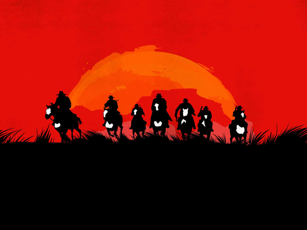 Cowboy 桌布 壁紙 — 剪影牛仔騎馬穿過火紅的日落地平線，帶有粗獷的筆觸紋理。