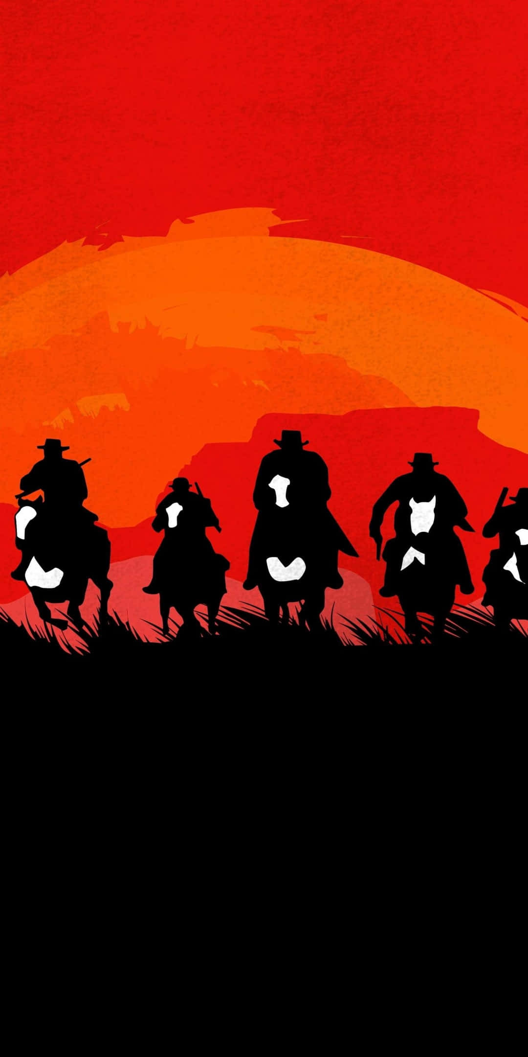 Red Dead Redemtion 2 桌布 壁紙 — 剪影牛仔騎馬越過火紅橙色的日落地平線。