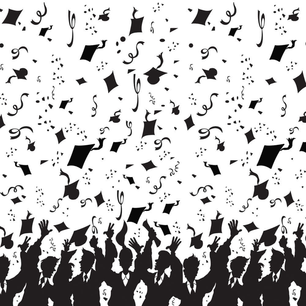 Graduation 桌布 壁紙 — 剪影畢業生以飛揚的學士帽和五彩紙屑慶祝，背景為純白色。
